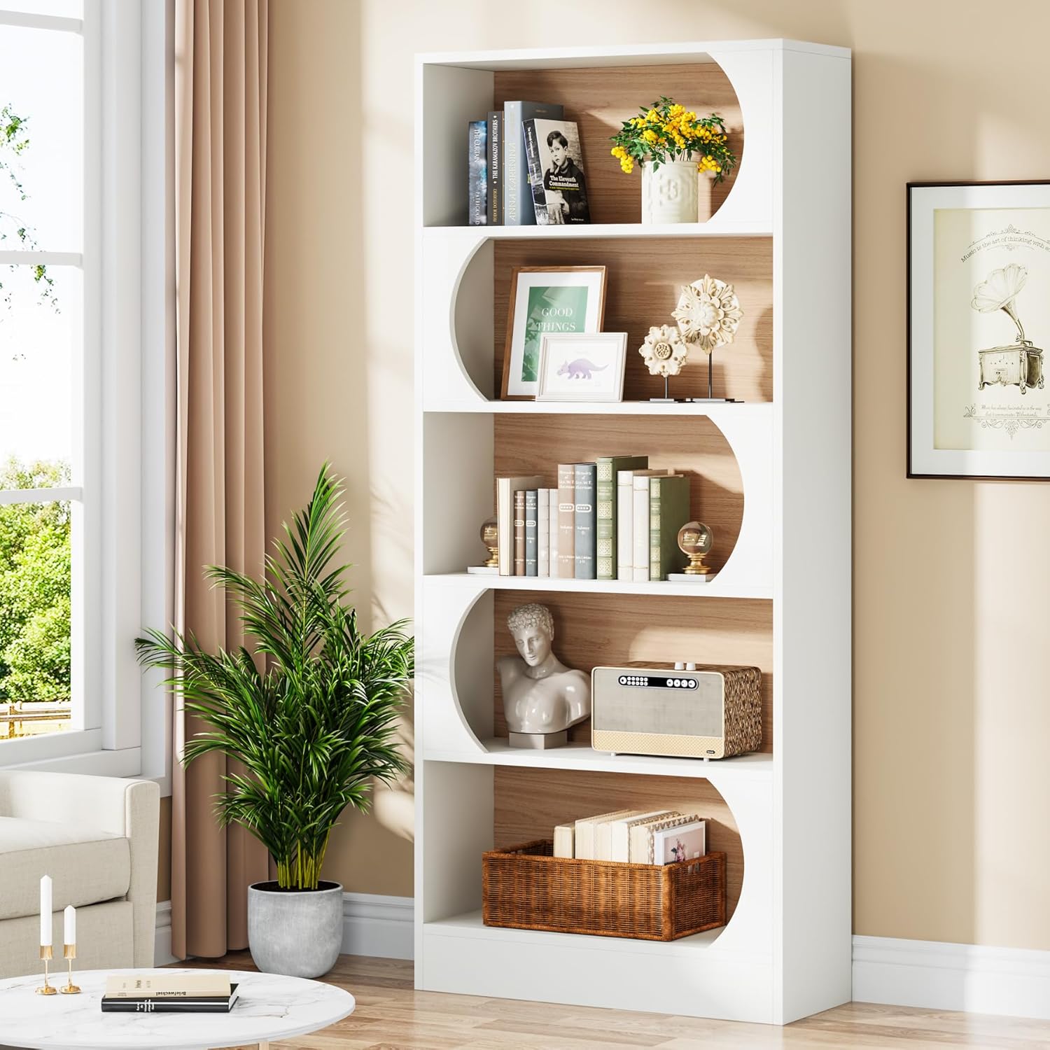 180 cm Tribesigns Boekenkast, Moderne Witte Boekenplank met Gebogen Frame voor Woonkamer