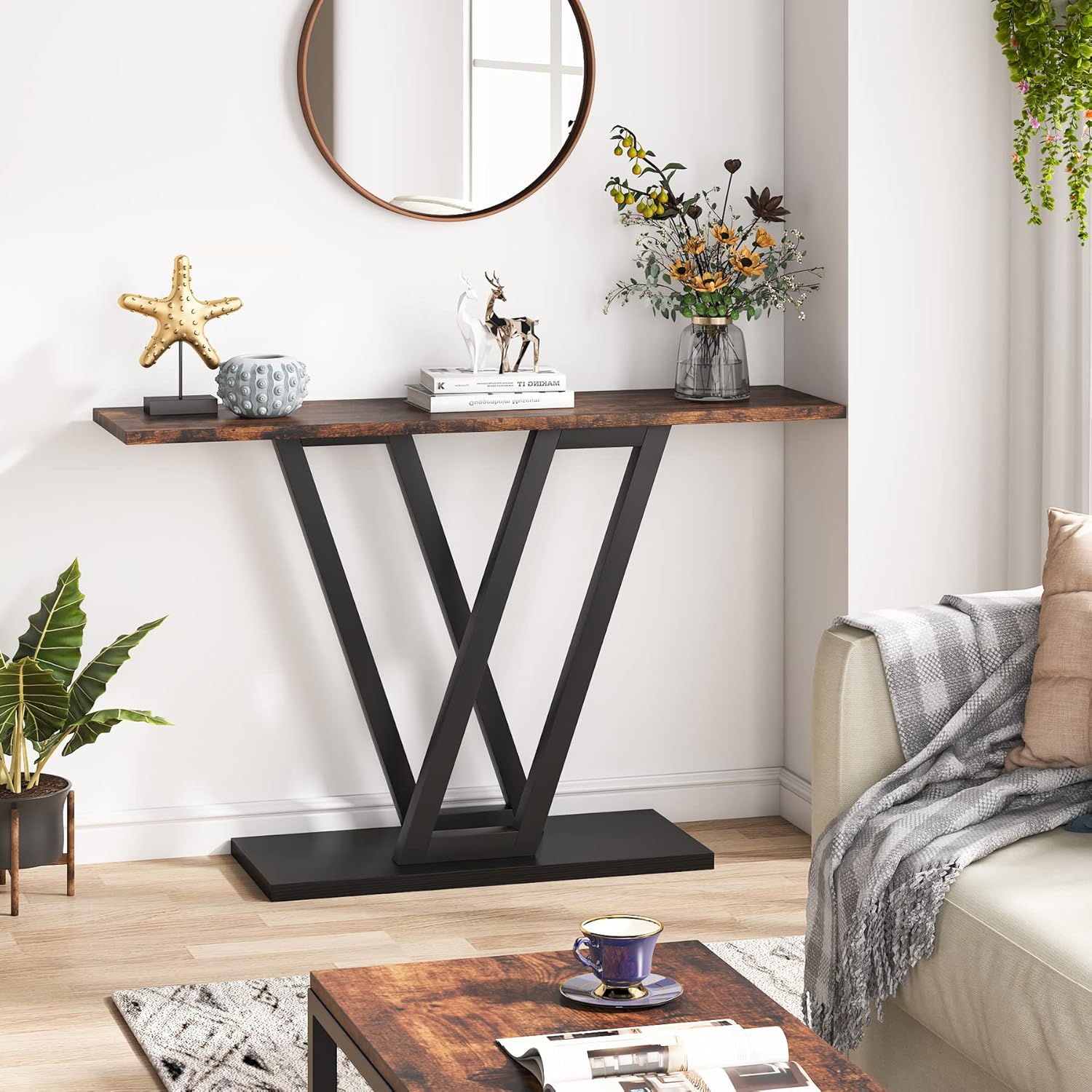 110 cm Industriële Console, Smalle Entréetafel met Stabiel Metalen Frame in Bruin