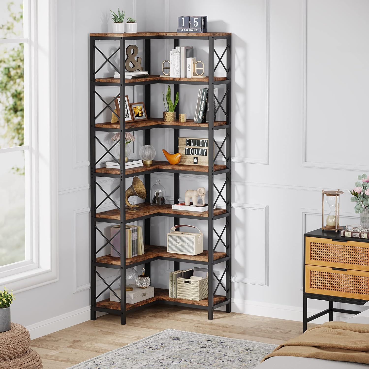 Tribesigns Hoekboekenkast, Moderne 7-Lags Hoekplank met Metalen Frame