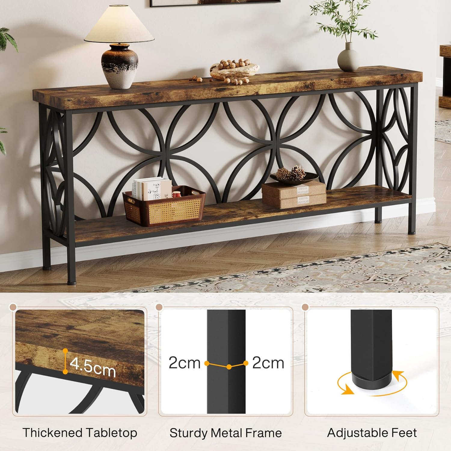 160 cm Smalle Consoletafel, Industriele Opbergconsole voor Hal en Woonkamer