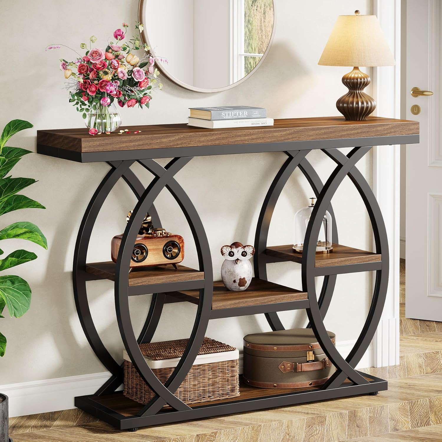 Industrieel Consoletafel 100 cm met 4 Opbergplanken, Smalle Houten Bijzettafel voor hal en Kleine Ruimtes