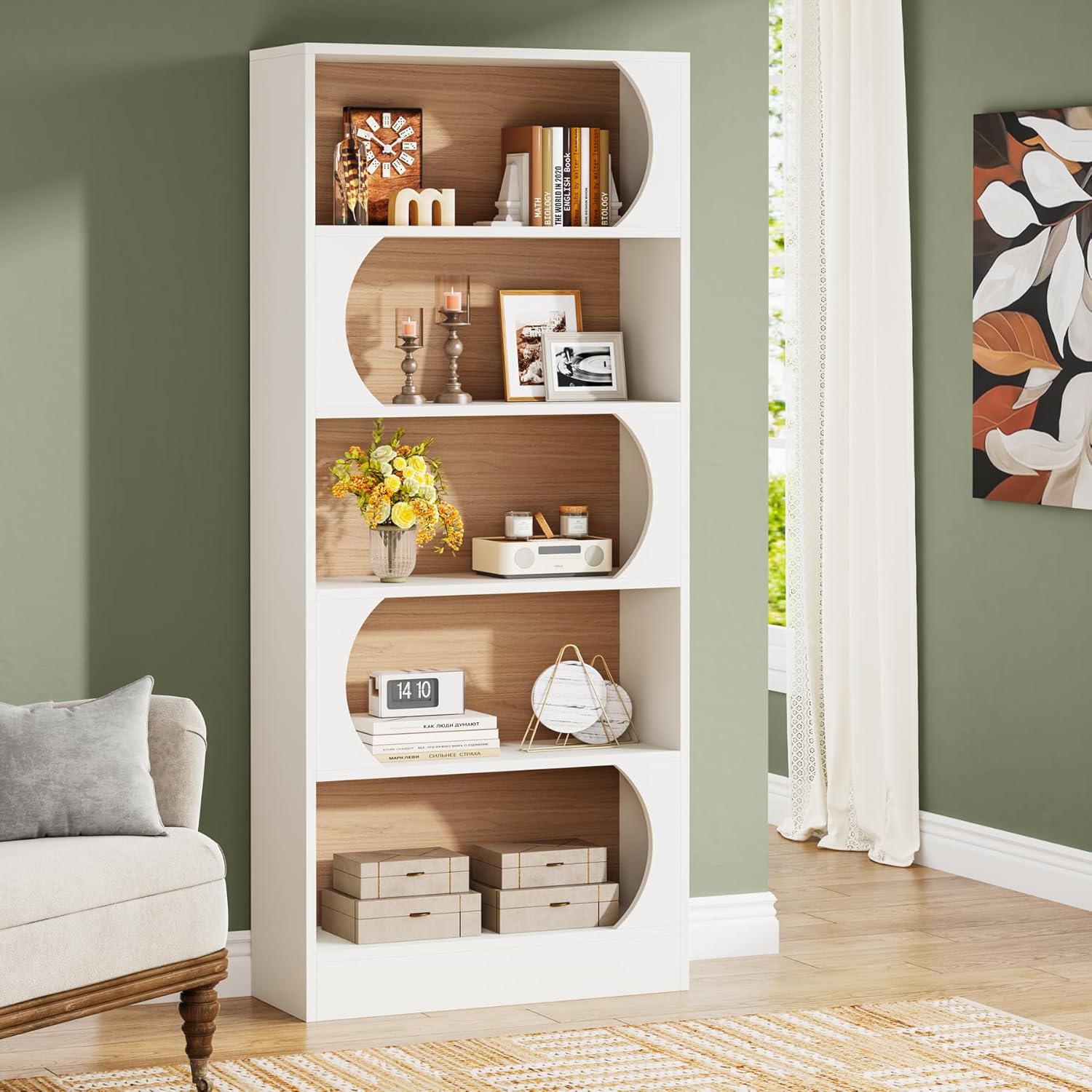 180 cm Tribesigns Boekenkast, Moderne Witte Boekenplank met Gebogen Frame voor Woonkamer