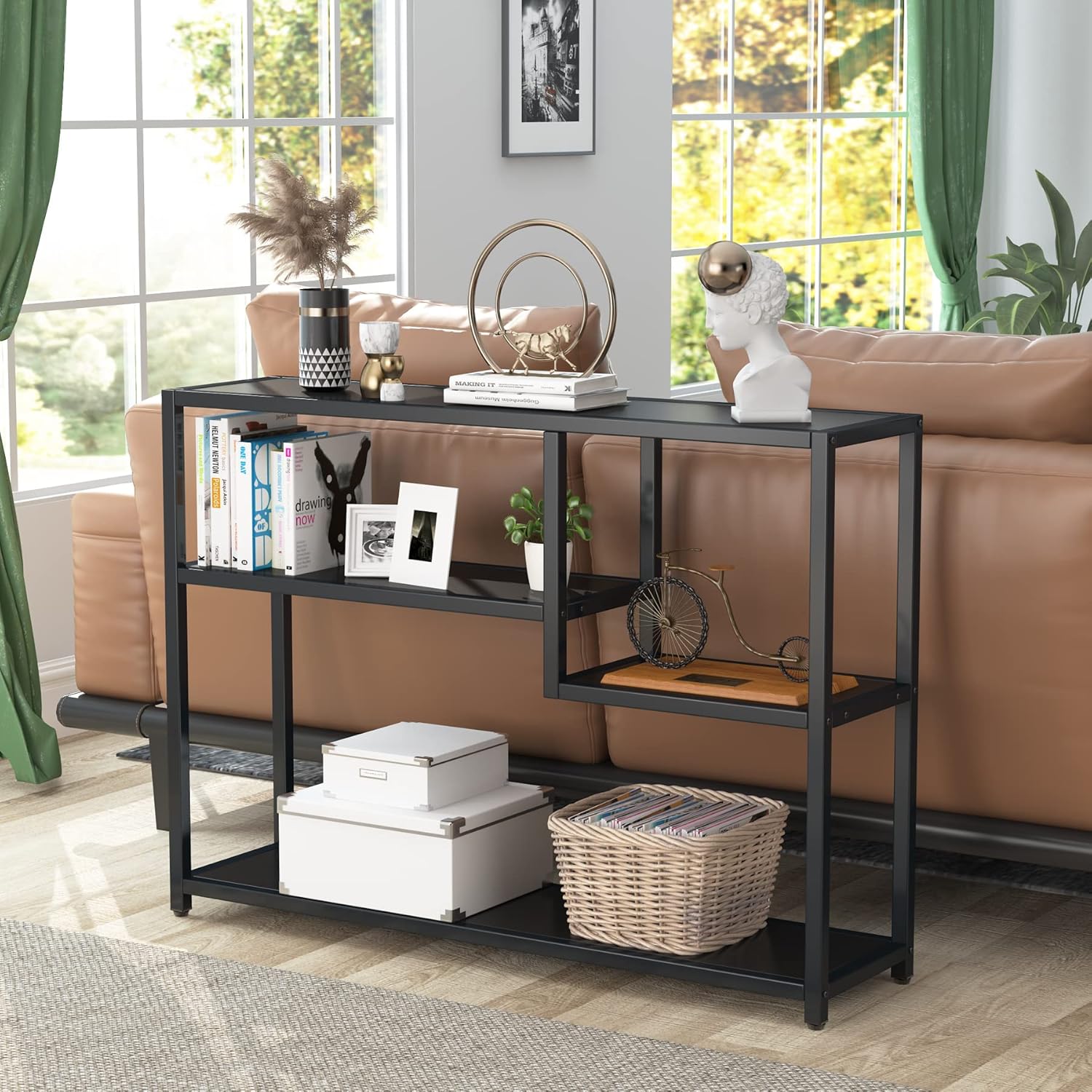 108 cm Consoletafel met Opbergvakken, Zwarte Bijzettafel Voor Entreehal en Woonkamer