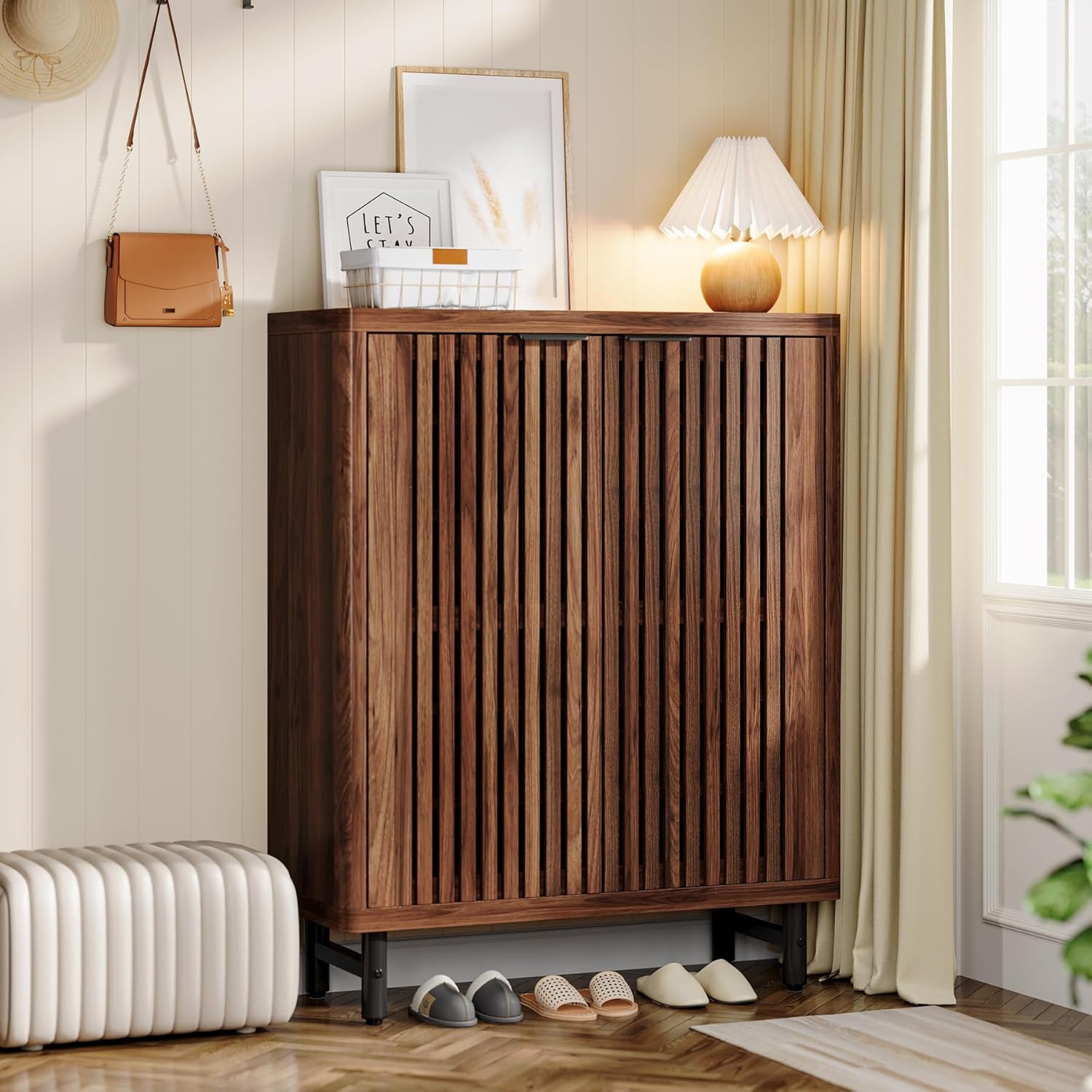 110 cm Retro Schoenenkast, Zes Planken Opbergmeubel met Verstelbare Schappen