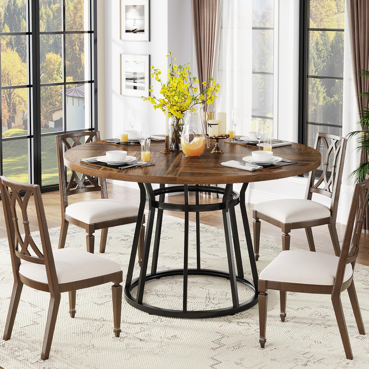 120 cm Ronde Eettafel, Vierpersoons Tafel met Metalen Onderstel voor Keuken en Woonkamer