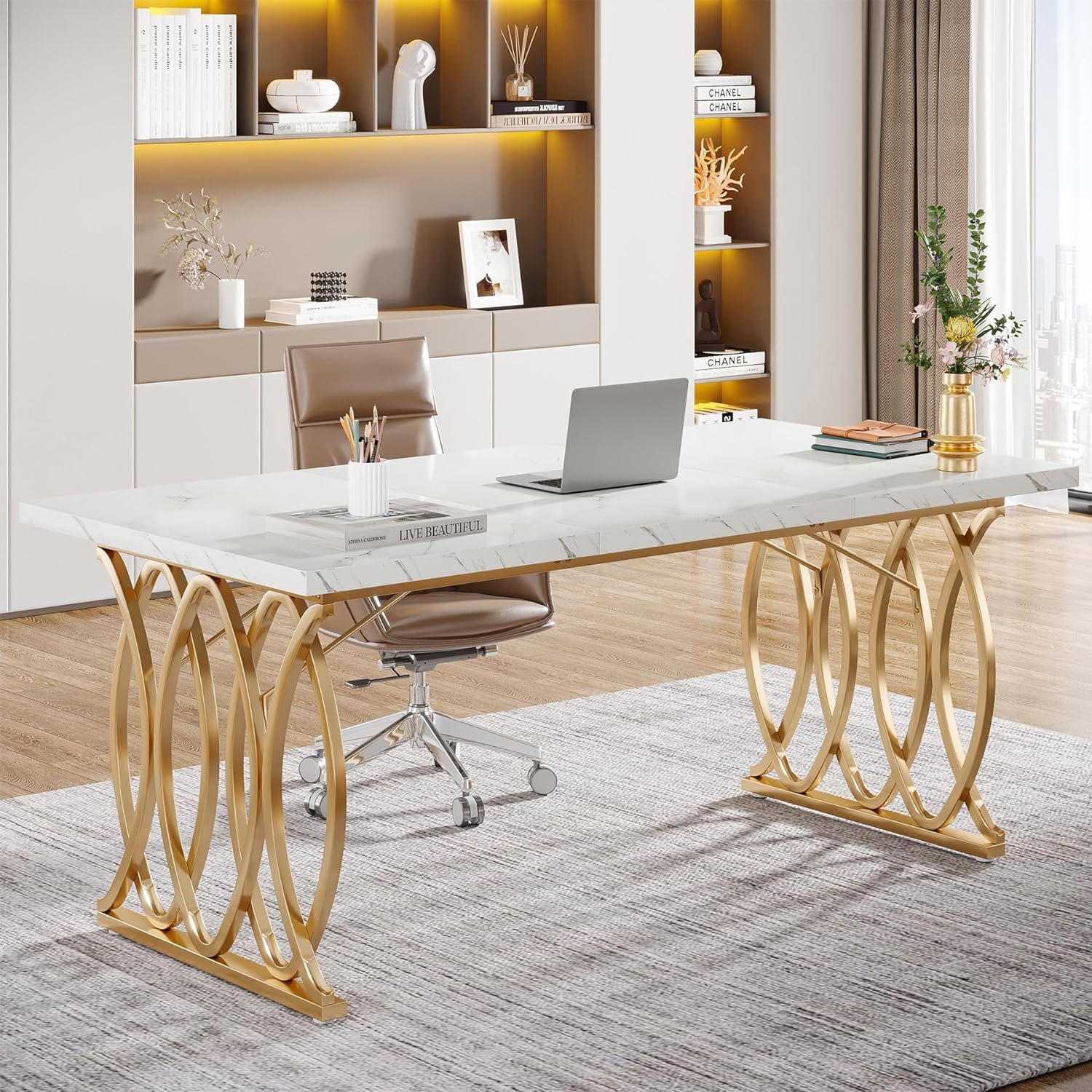 160 cm Executive Bureau, Met Witte Afwerking en Gouden Accenten voor Kantoor
