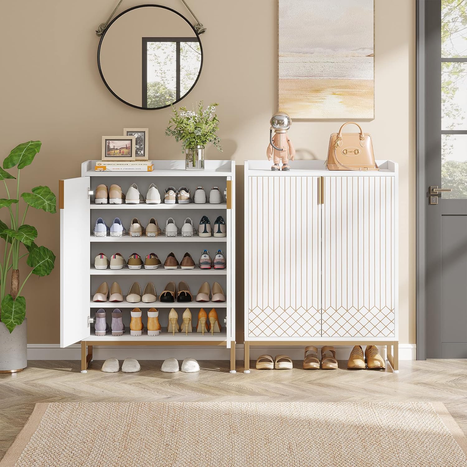 75x35x105 cm moderne schoenenkast, met 2 deuren en 5 laden voor een opgeruimde entree of slaapkamer