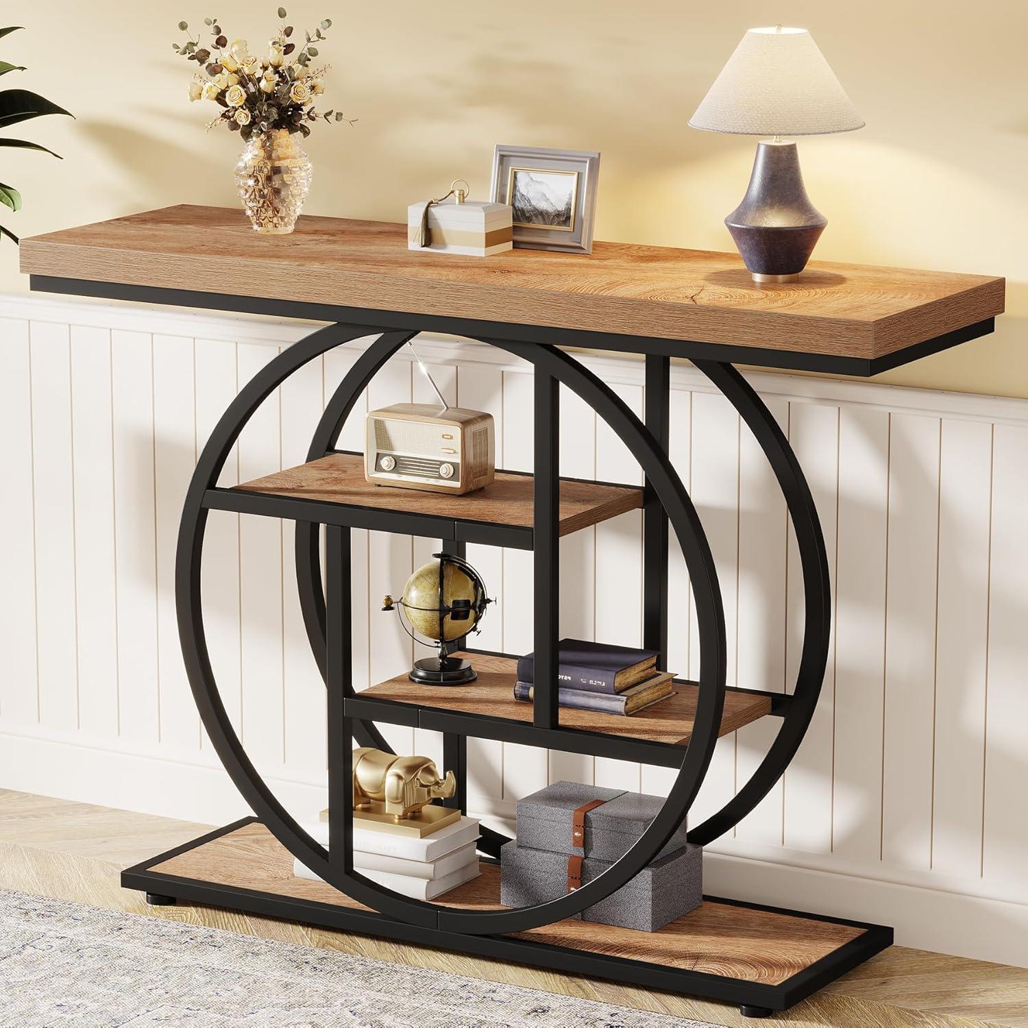 105 cm Industriële Console, 4 Planken met Ronde Basis voor Hal en Woonkamer