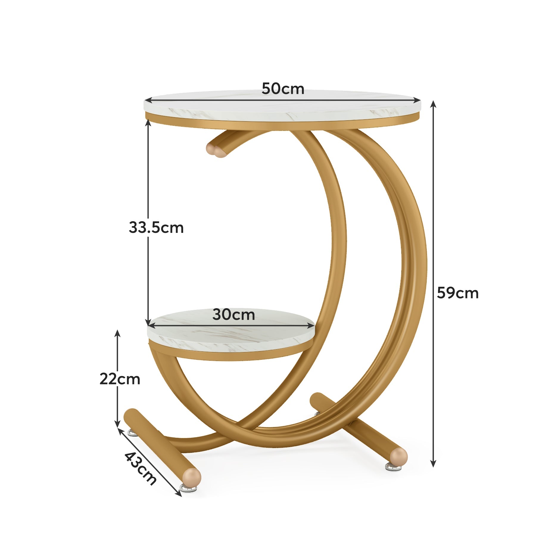 Tribesigns 50 cm Gouden Marmeren Bijzettafel C-vormig 2 Etages Modern