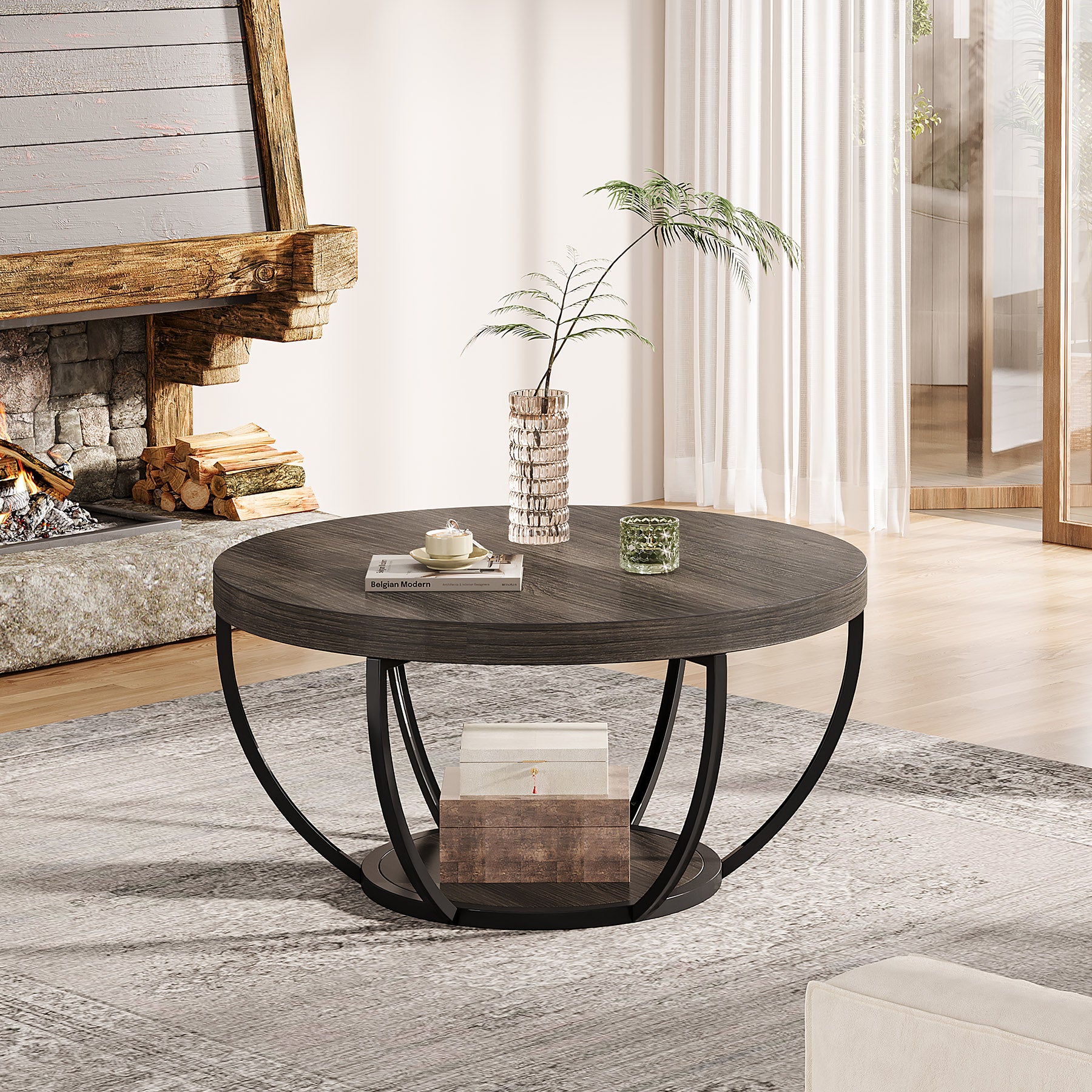80,5 cm Ronde Industriële Salontafel, Tweelaags Middentafel in Rustiek Bruin en Zwart