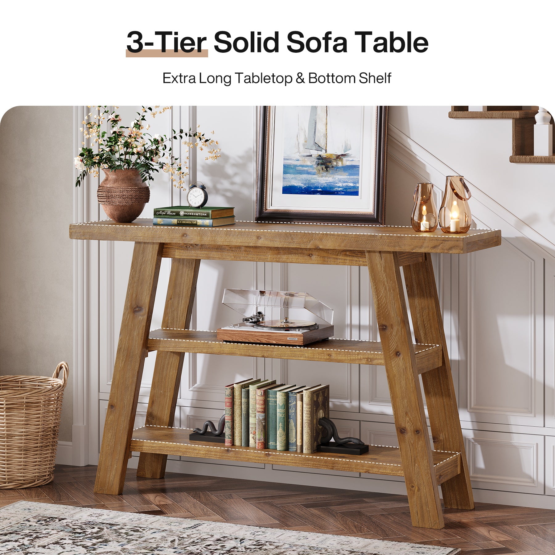 120 cm Tribesigns Massief Houten Consoletafel met 3 Niveaus, Smalle Boerderijstijl Entreetafel voor Hal en Woonkamer