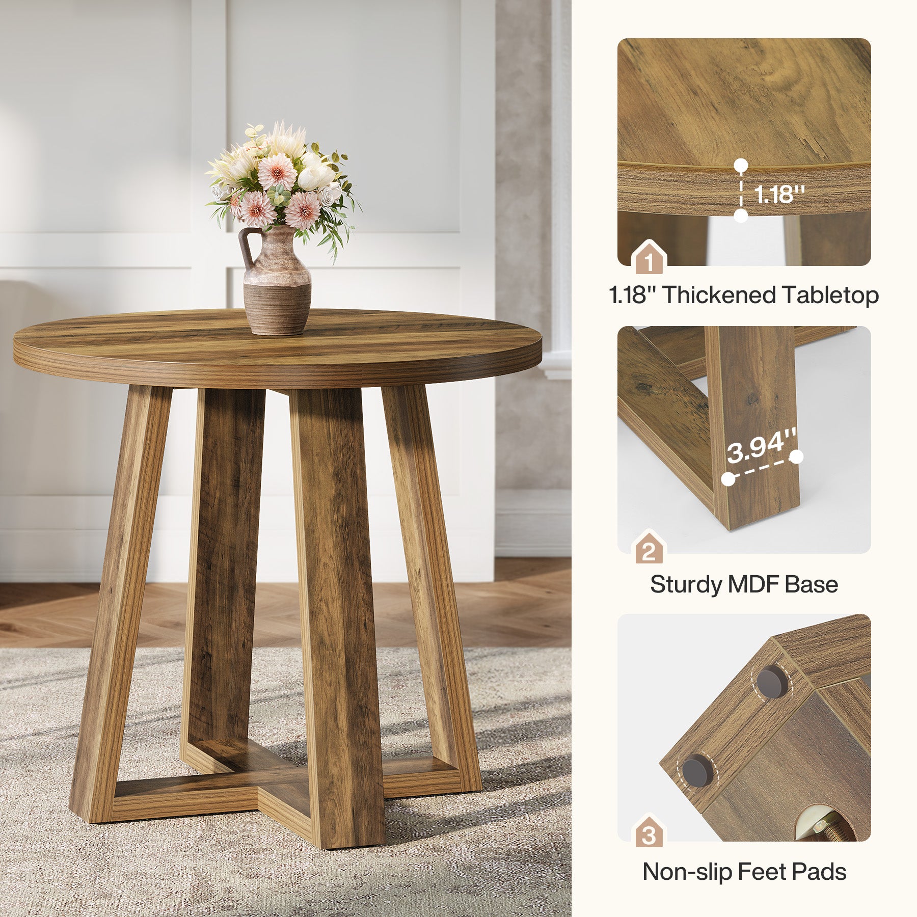 80 cm Ronde Eettafel voor 2-4 Personen, Landelijke Keukentafel voor Kleine Ruimte