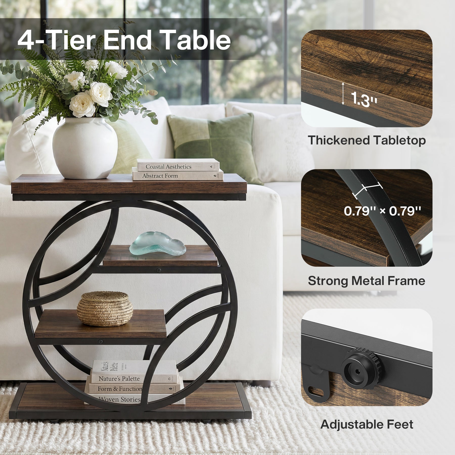 64 cm Smalle Bijzettafel met 4 Niveaus Opbergruimte, Industriële Nachtkast met Metalen Frame voor Woonkamer Slaapkamer