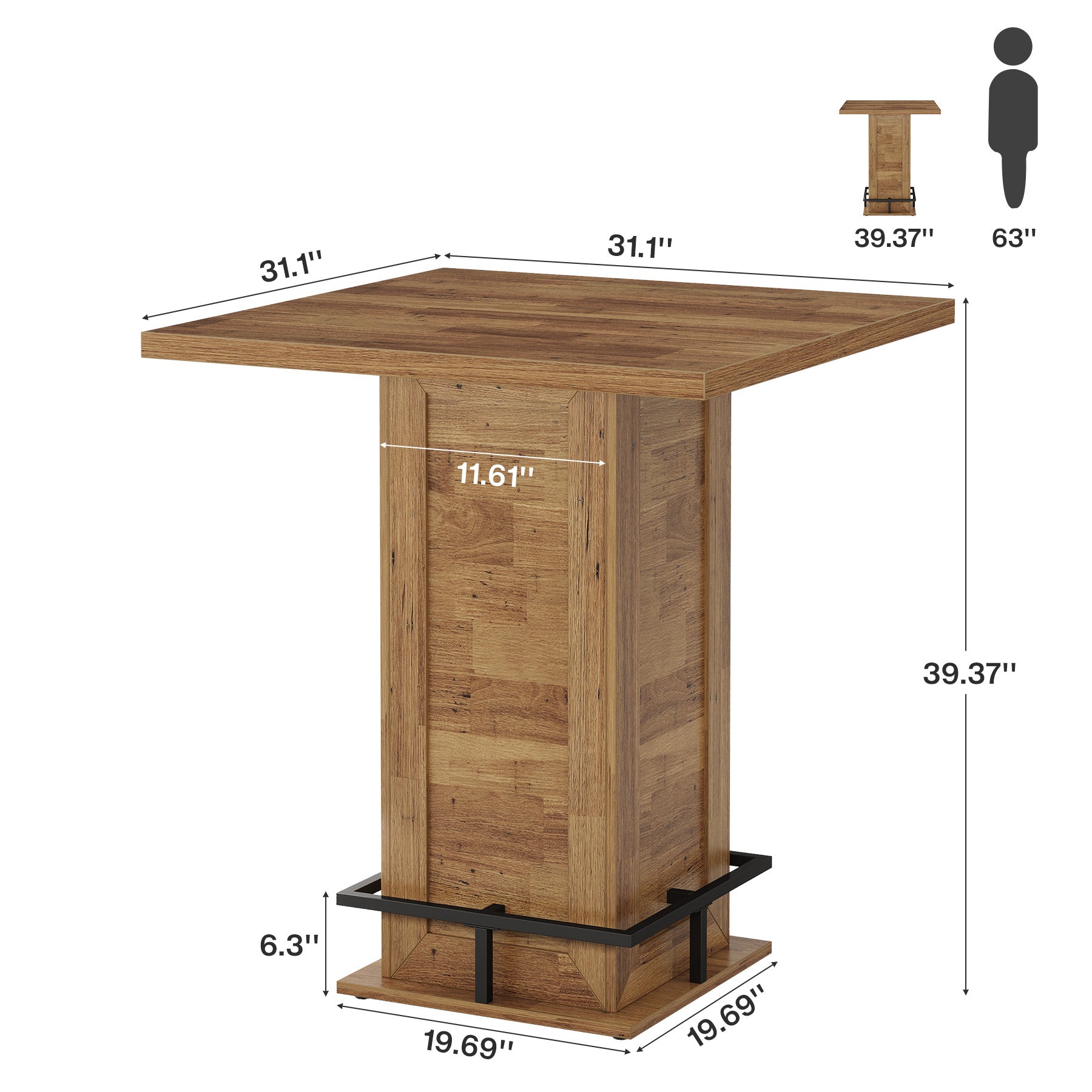 100 cm Vierkante Bartafel Industrieel, Hoge Bistrotafel met Voetsteun voor Keuken Bar Kleine Ruimtes