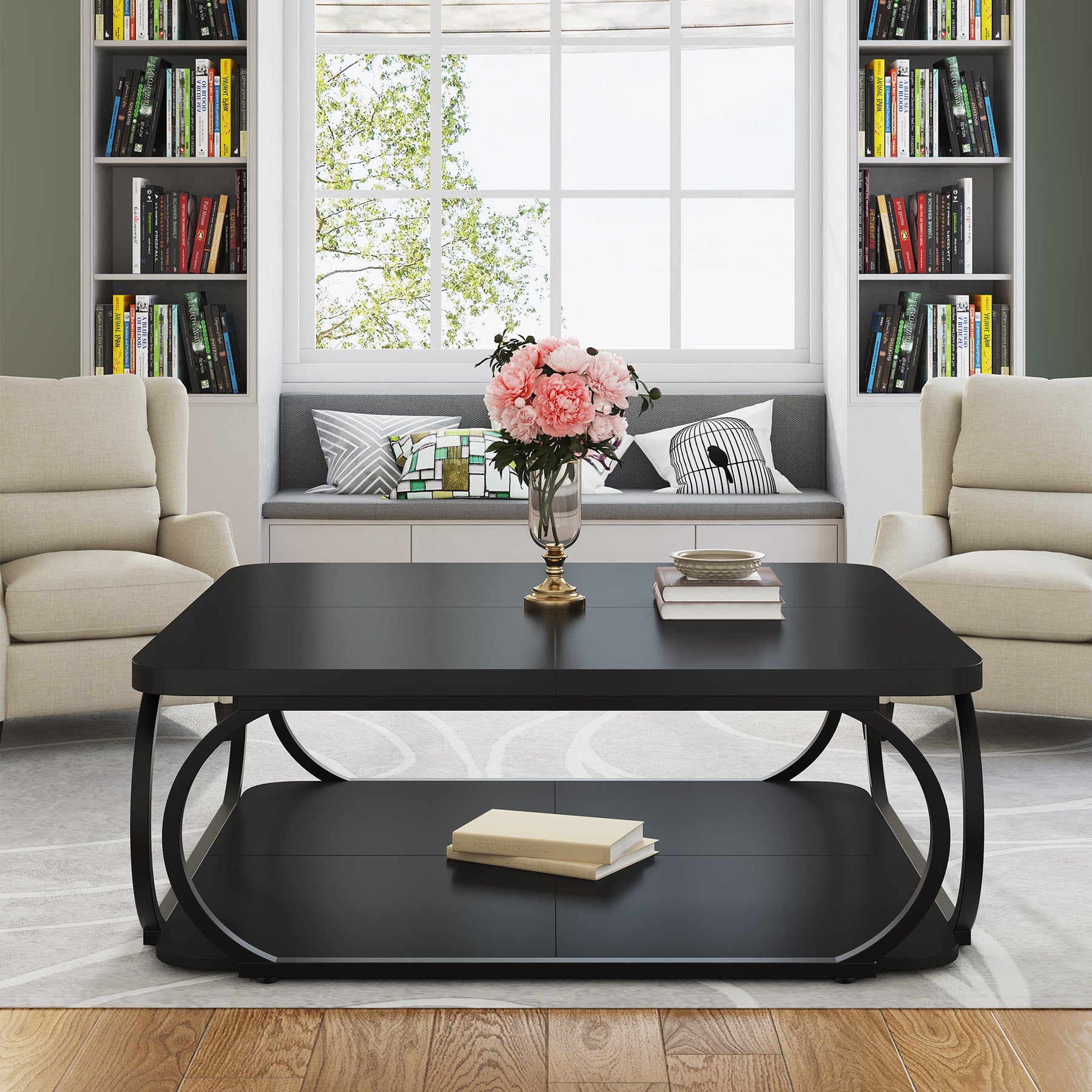 100 cm Vierkante Salontafel met Dubbele Planken, Landelijke Tafel met Metal Frame