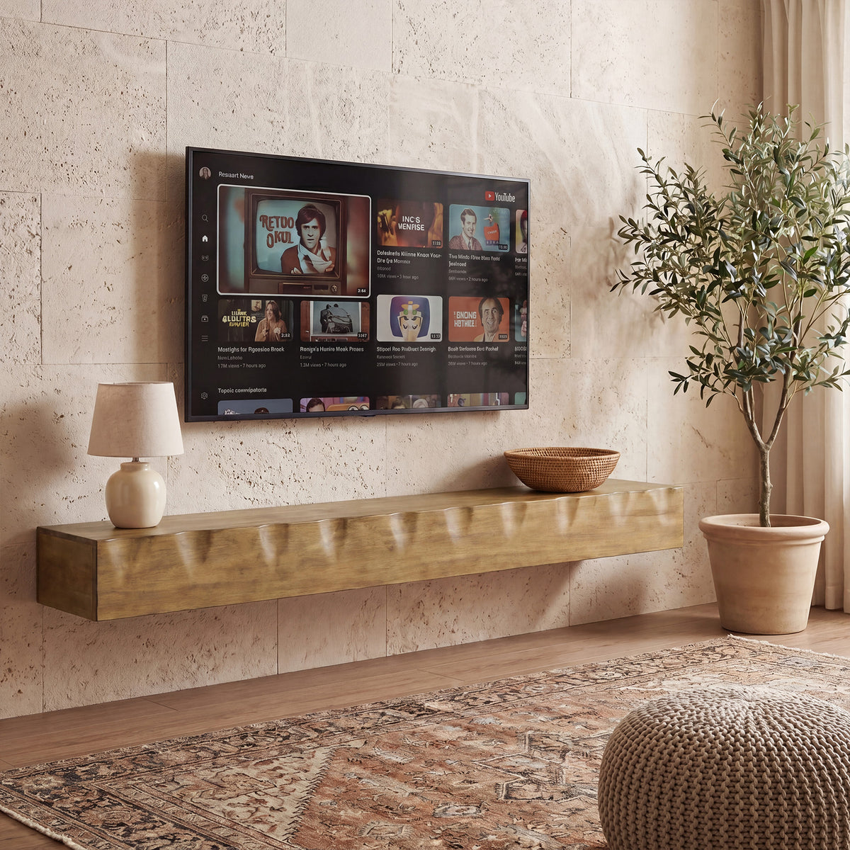 160 cm Tribesigns zwevende tv-plank van massief hout, rustieke wandplank voor media-apparatuur in de woonkamer