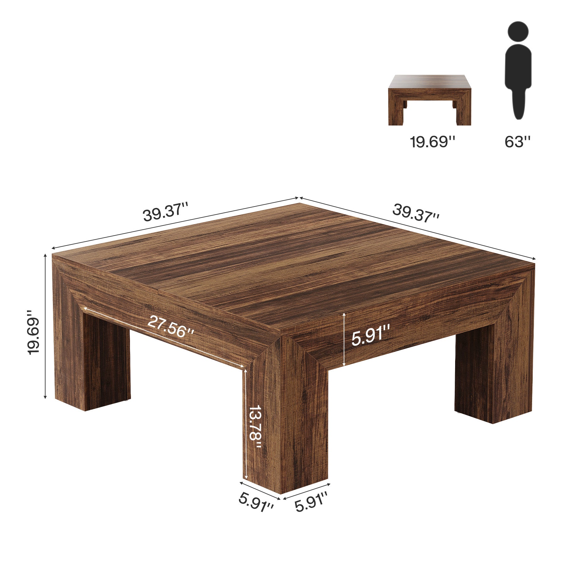 Tribesigns Vierkante Salontafel 100 cm, Landelijke Centertafel voor Woonkamer