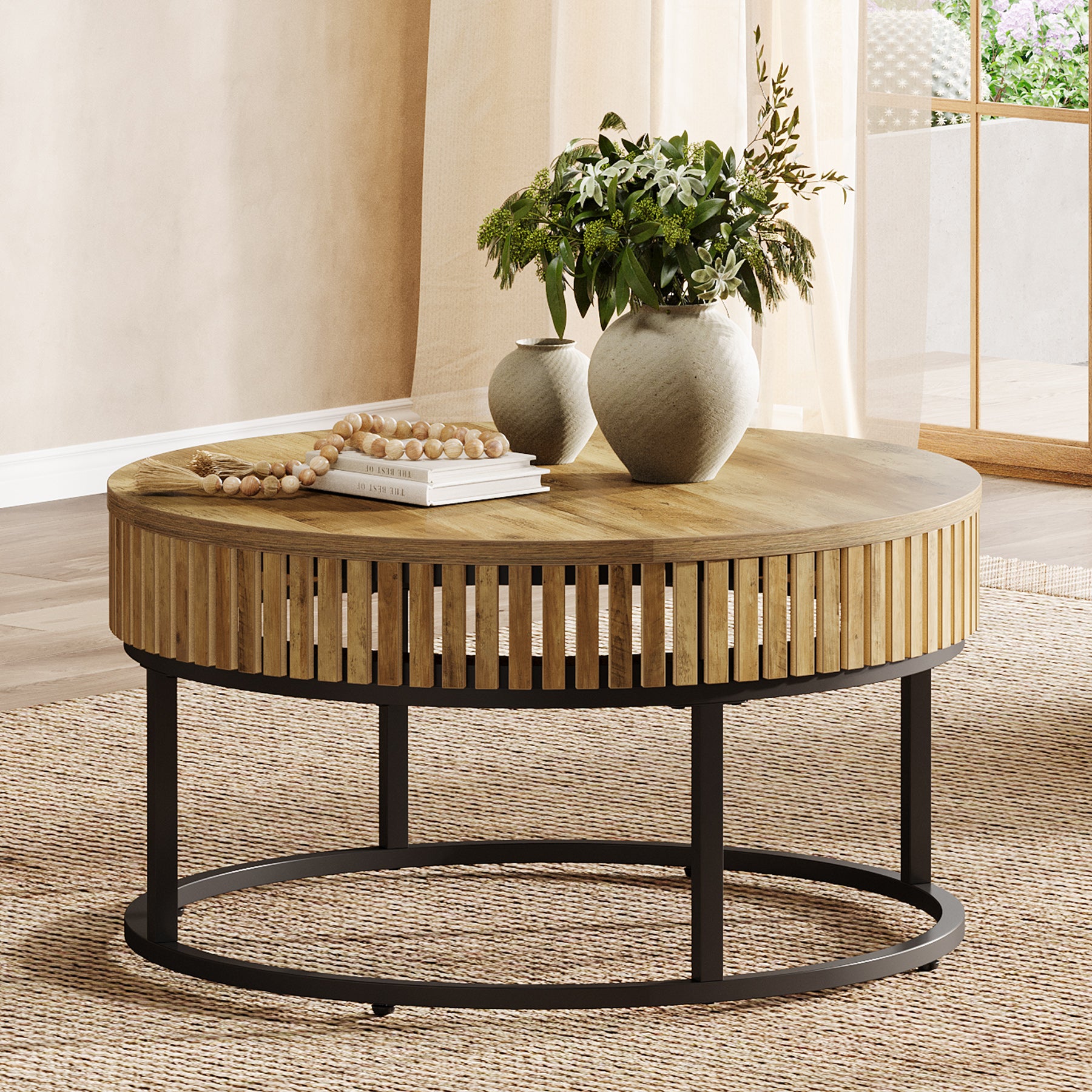 80 cm Ronde Salontafel van Hout, Moderne Industriële Koffietafel voor de Woonkamer