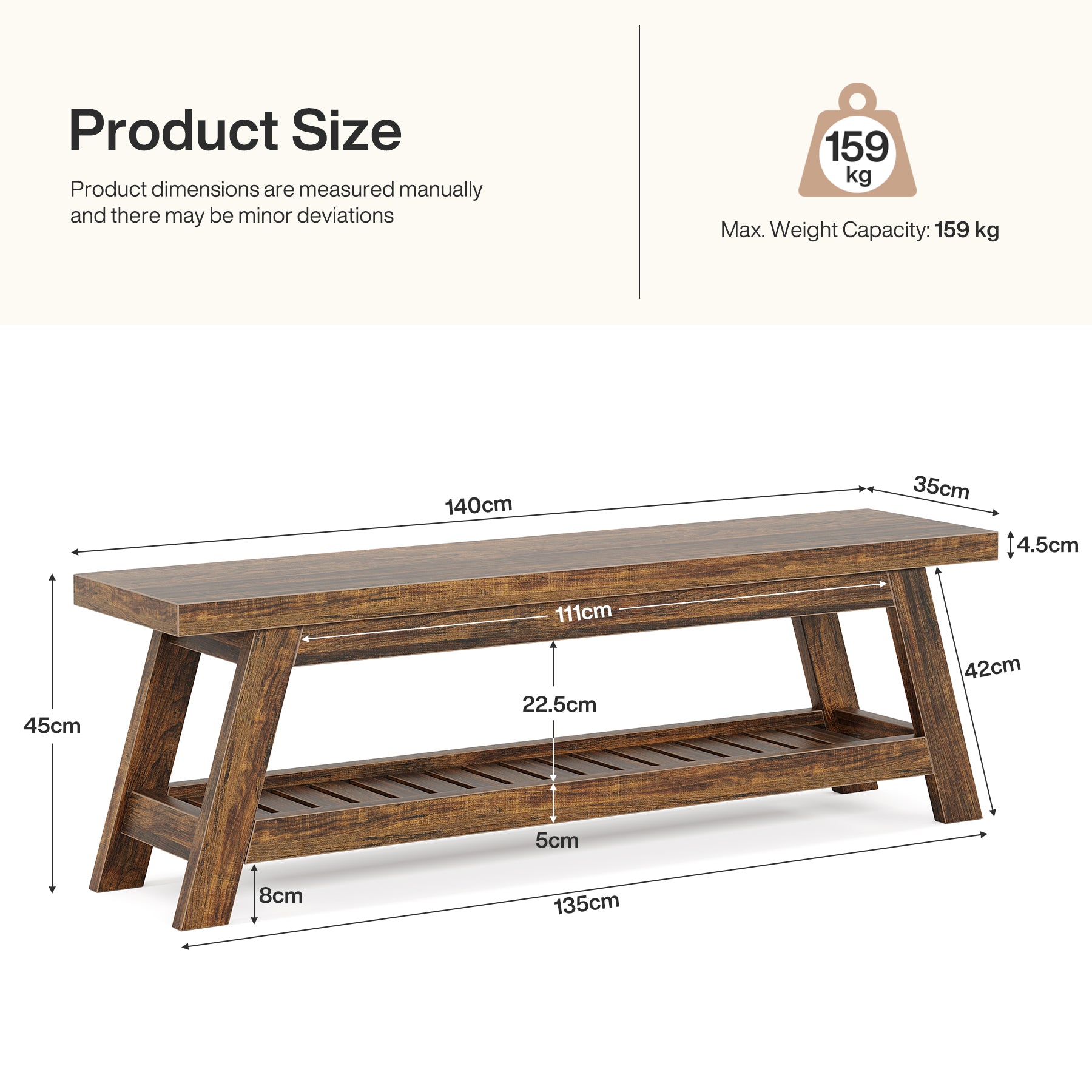 140 cm Houten Halbank met Opbergruimte, Smalle Schoenenbank met 2 Planken