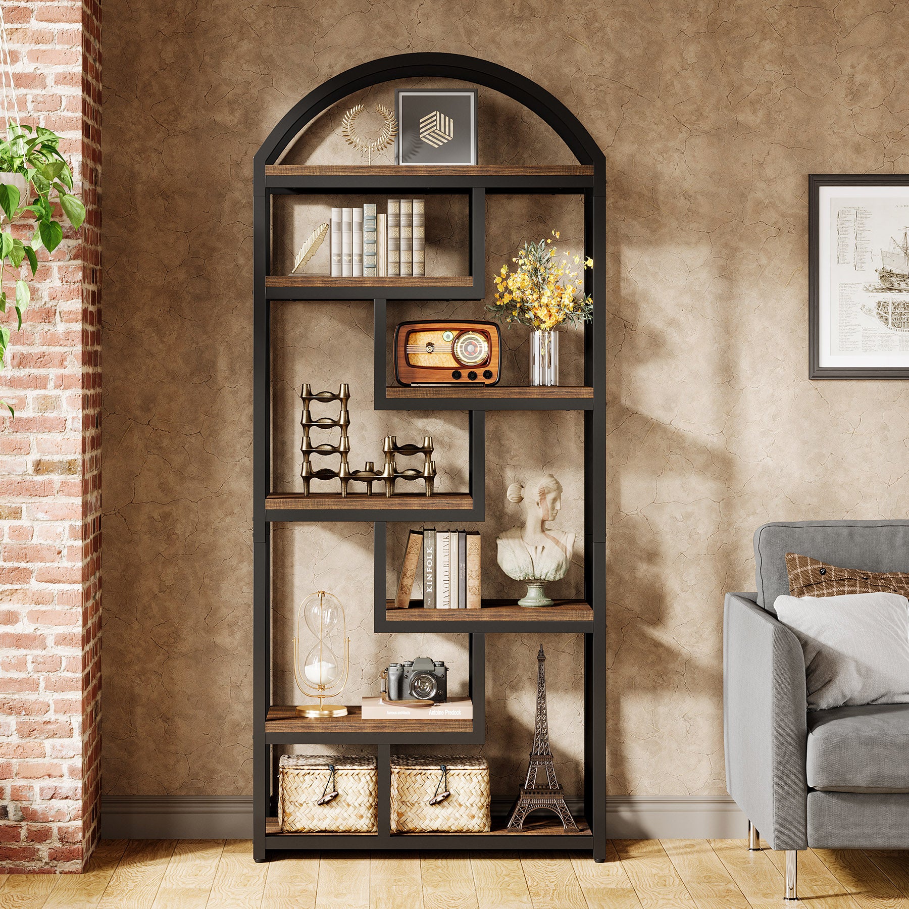 80 cm industriële boekenkast, boogvormige kast met open displayplanken