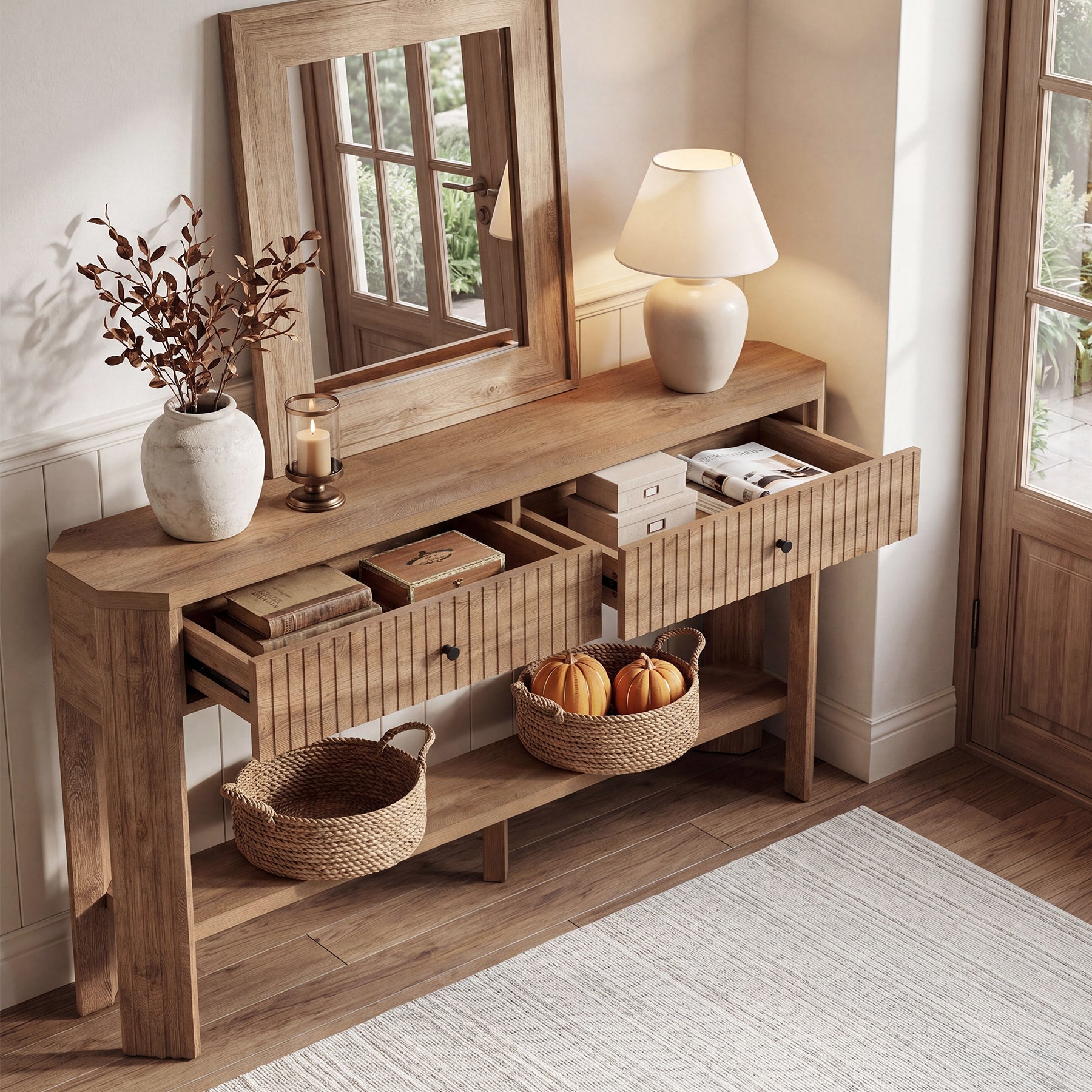 150 x 30 x 80 cm Tribesigns haltafel met 2 lades en open plank, smalle consoletafel voor entree en gang