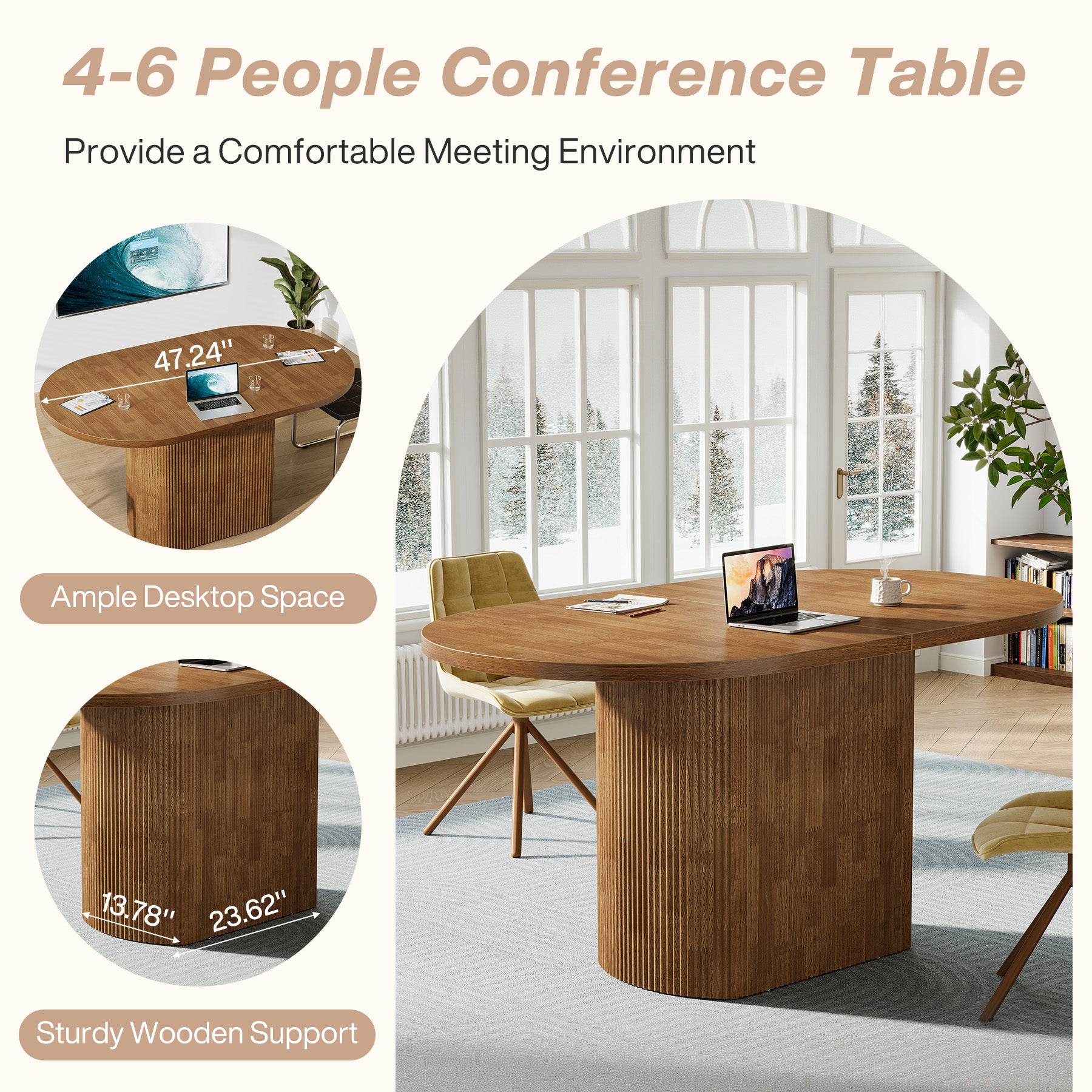 120 cm Ovale Vergadertafel voor 4 Personen, Rustieke Houten Conferentietafel met Polygonale Poot