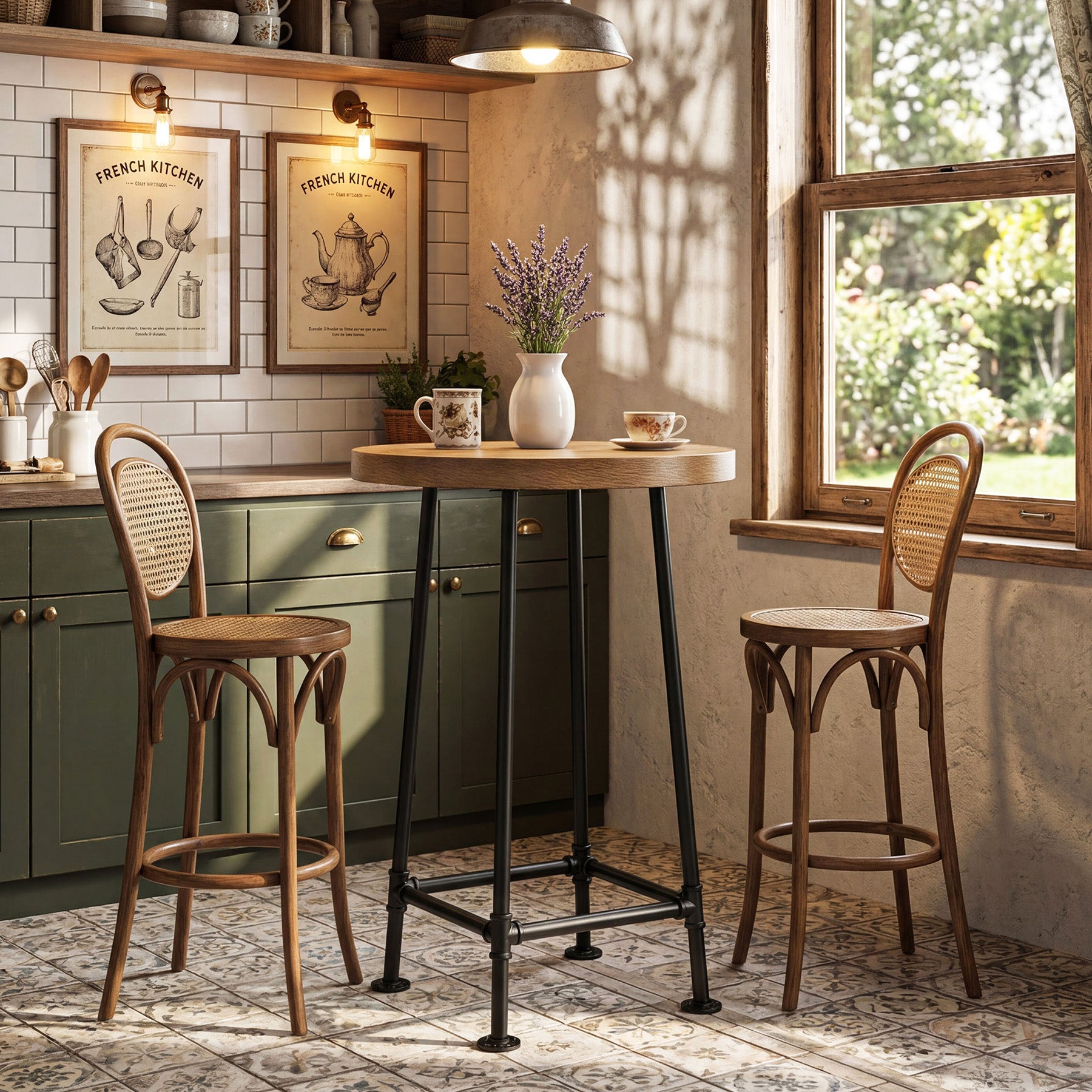 95 cm Ronde Bartafel met Metalen Voetsteun, Industriële Statafel voor Keuken en Bistro (Alleen Tafel)