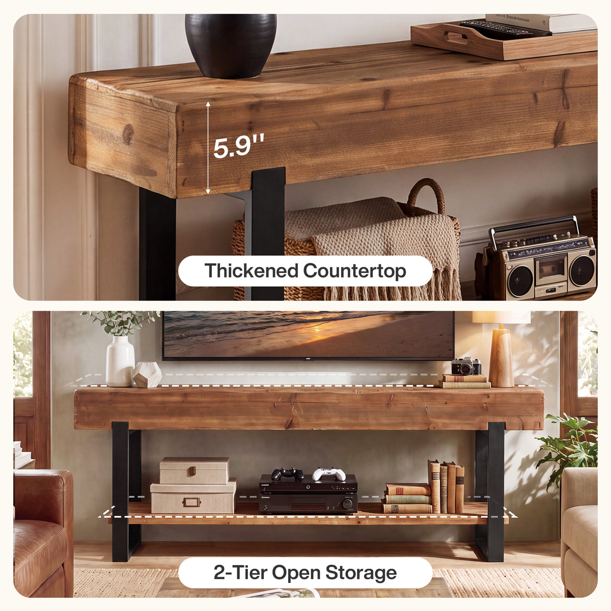 Tribesigns 160 cm tv-meubel van massief hout met 2-laags opbergrek en metalen frame, landelijke tv-kast voor woonkamer