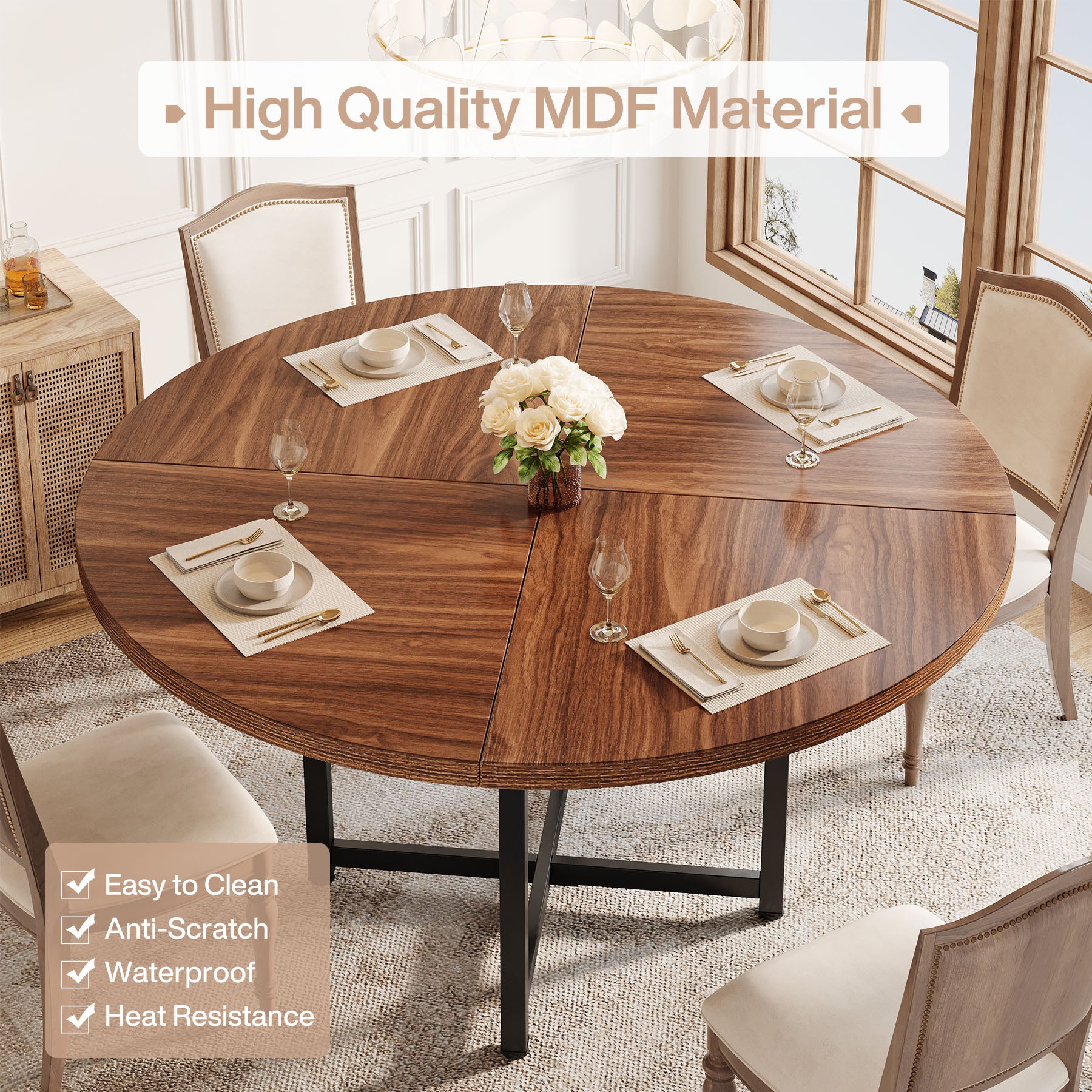 Tribesigns 120 cm Ronde Eettafel voor 4-6 Personen, Houten Tafel met Stevige Kruismetalen Poten voor Keuken en Woonkamer