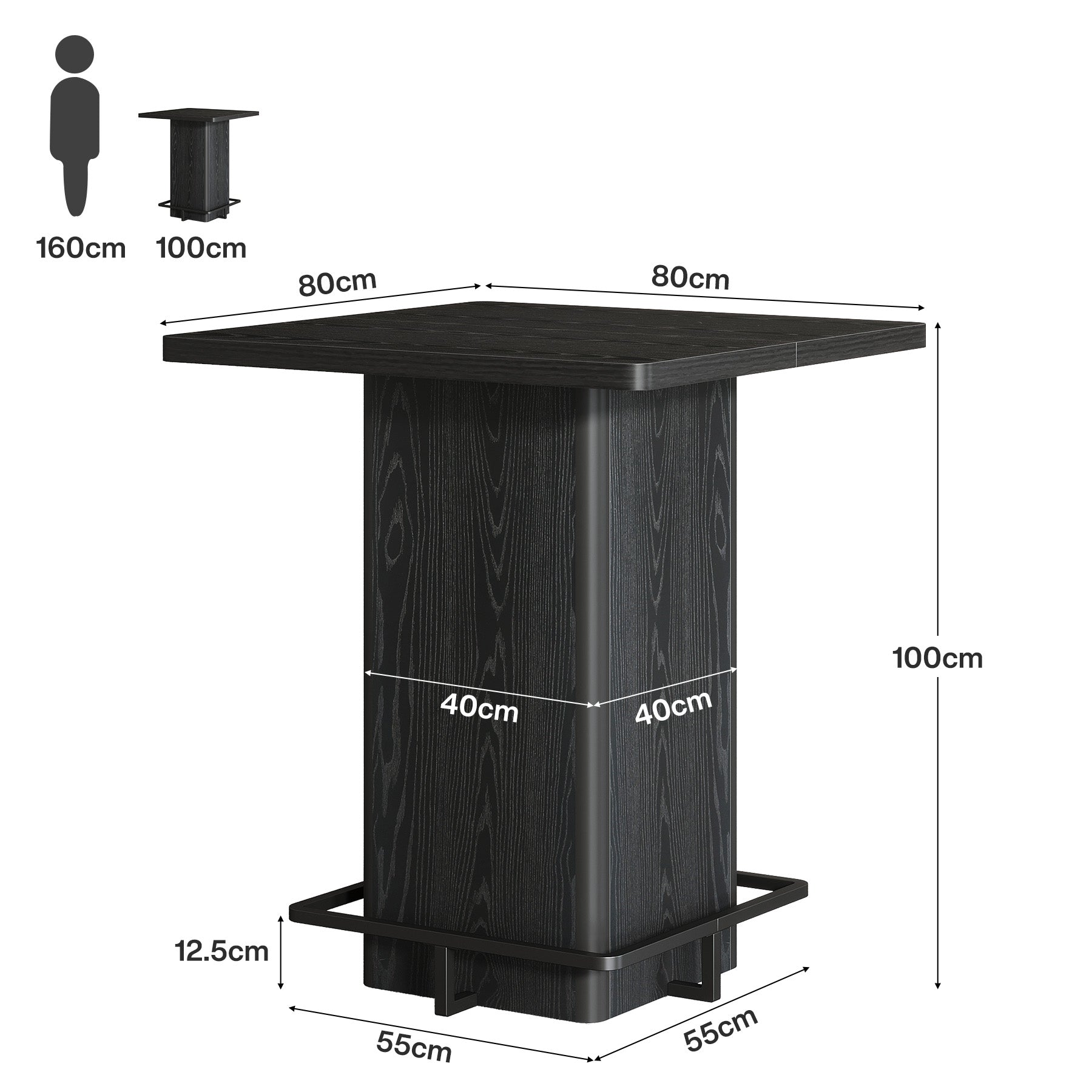 100 cm Vierkante Bartafel, Zwarte Hoogglans Tafel voor Keuken