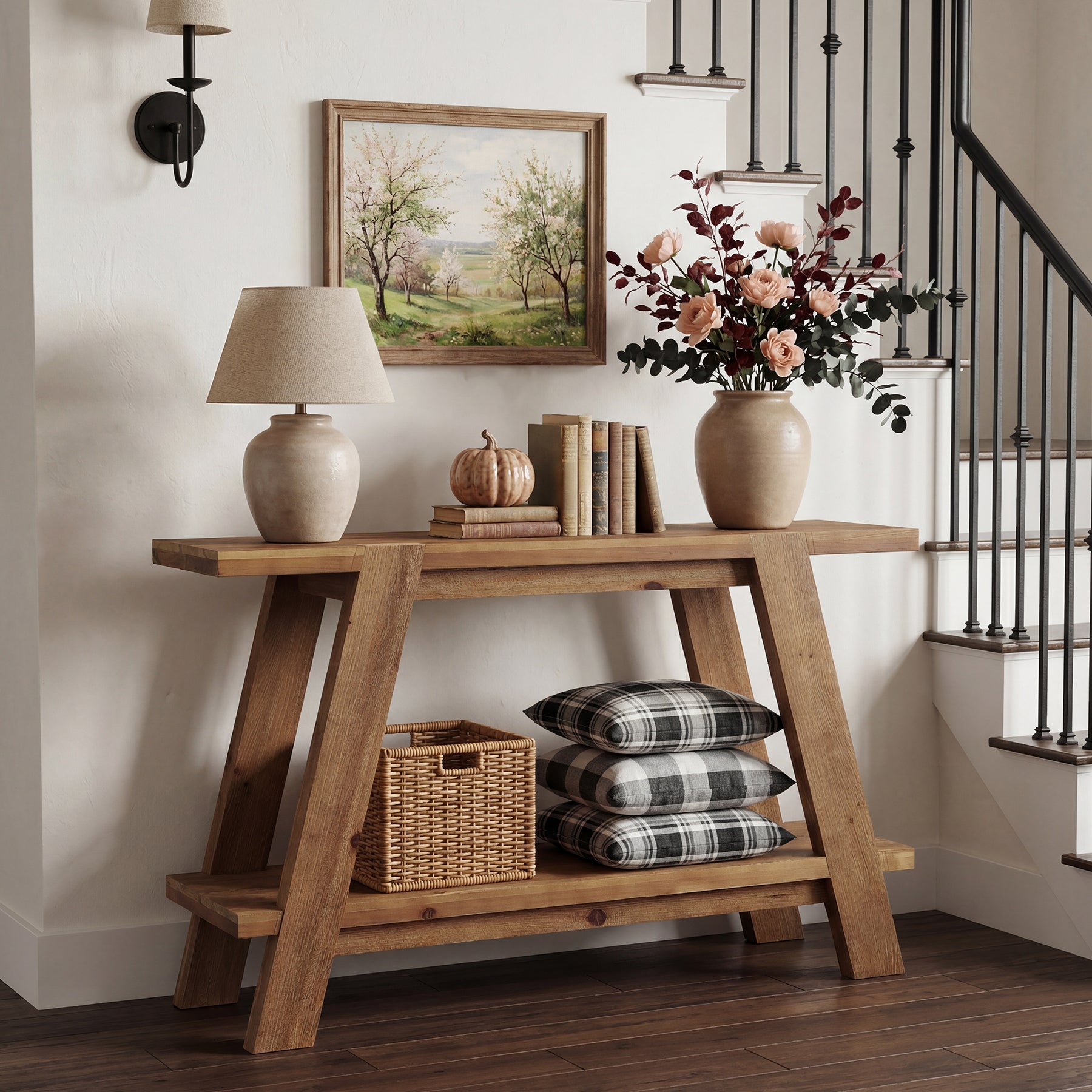 110 cm Massief Houten Consoletafel met 2 Planken, Smalle Haltafel in Landelijke Stijl Bruin