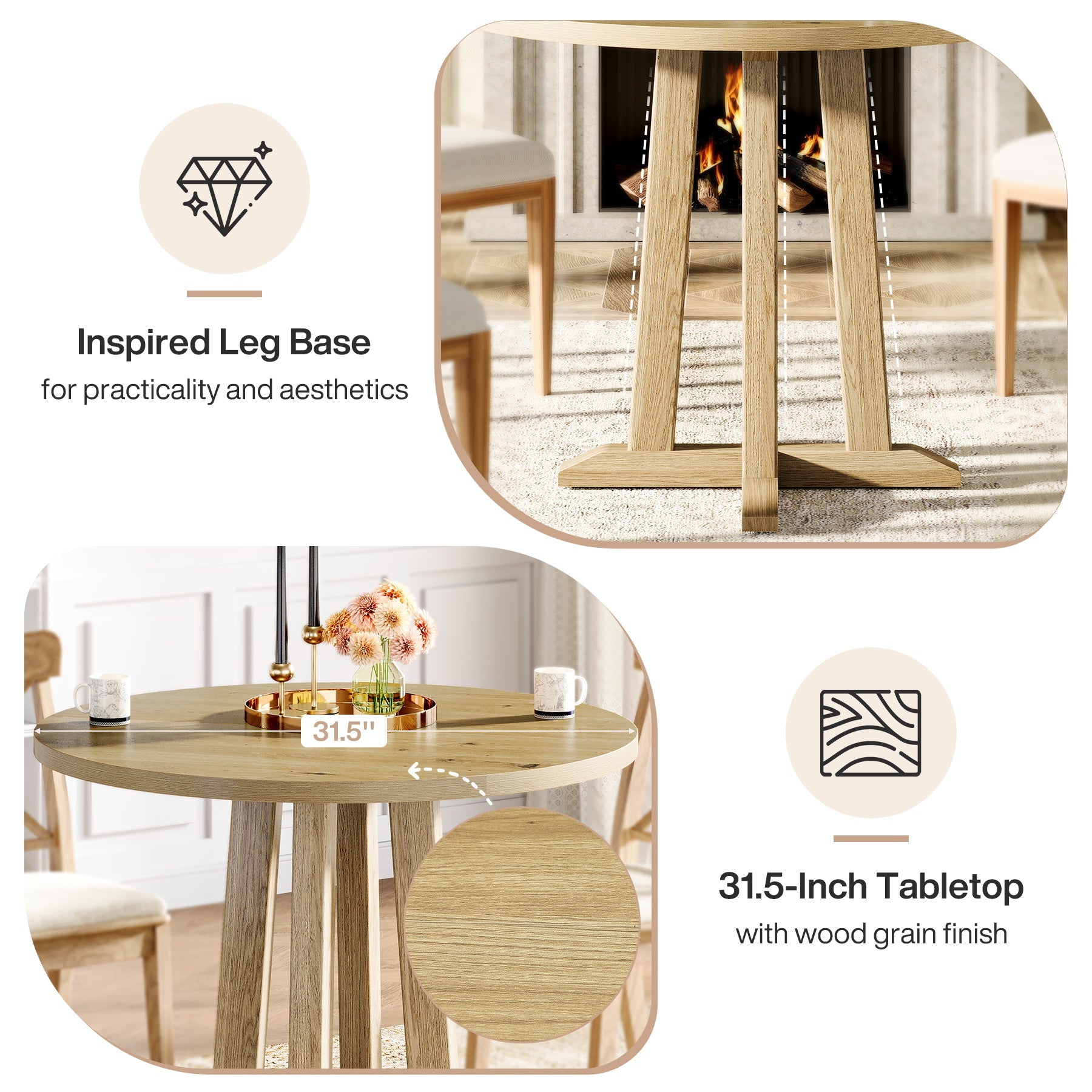 Tribesigns 80 cm Kleine Ronde Eettafel voor 2-4 Personen, Modern Boerenstijl Tafel
