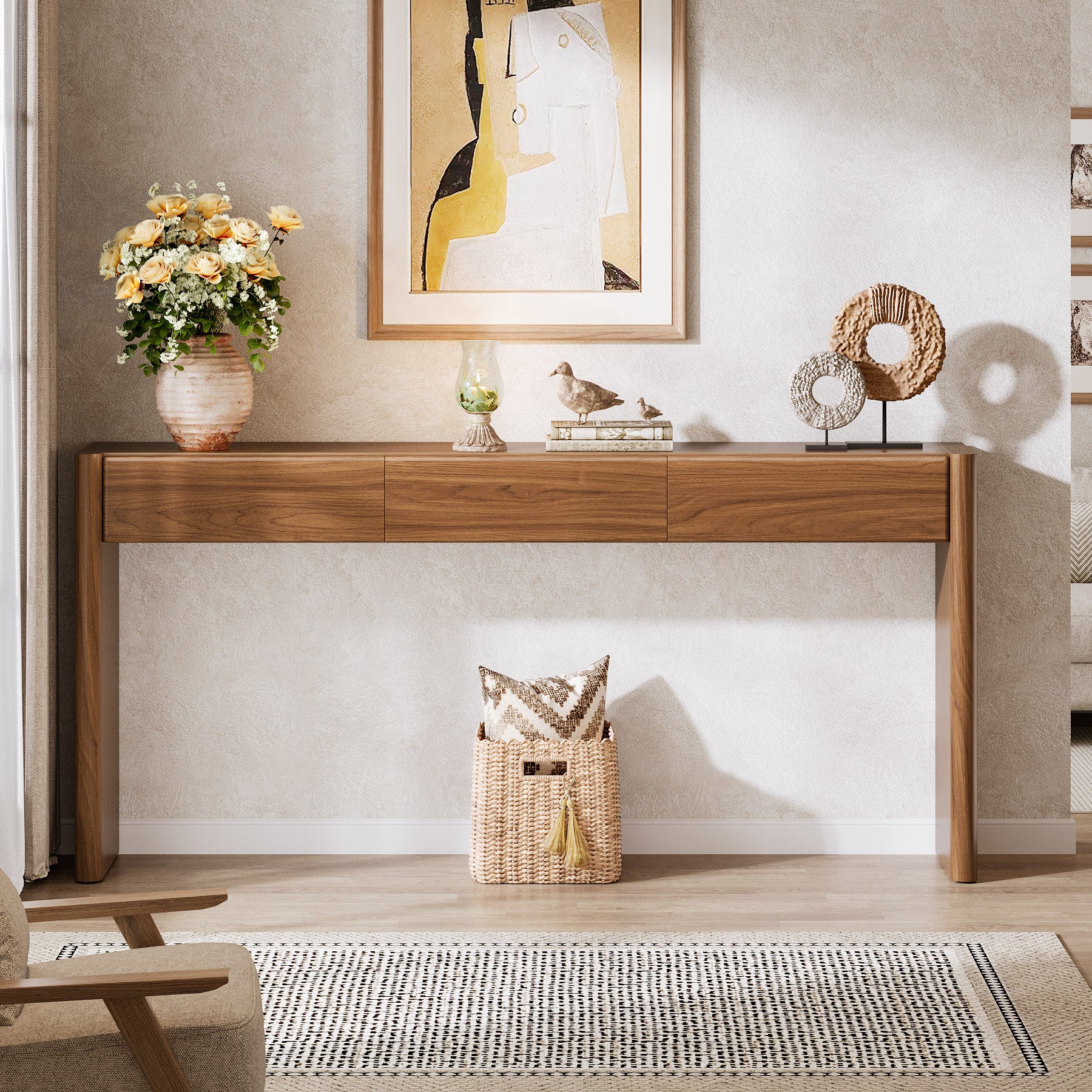 180 cm Landelijke Consoletafel met 3 Laden, Houten Haltafel met Opbergruimte