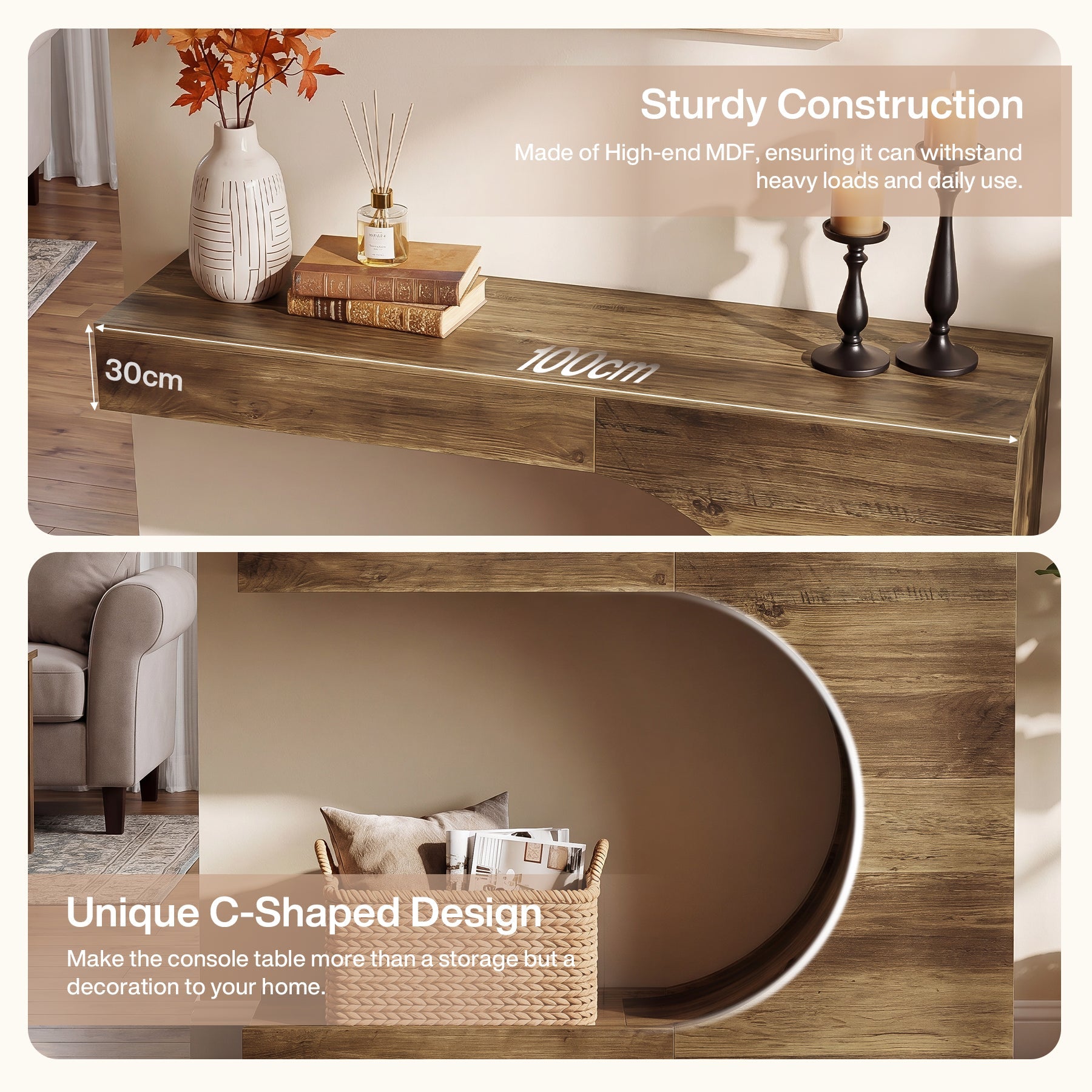 Tribesigns 100 cm Consoletafel, C-vormige Haltafel met 2 Legplanken in Moderne Landelijke Stijl