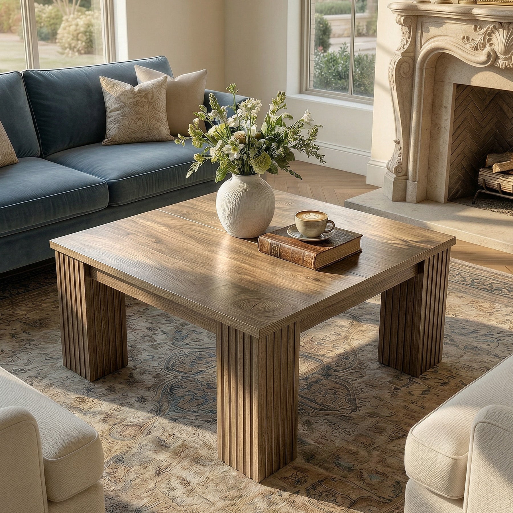 100 cm Vierkante Salontafel met Gefreesde Poten, Landelijke Houten Tafel voor Woonkamer