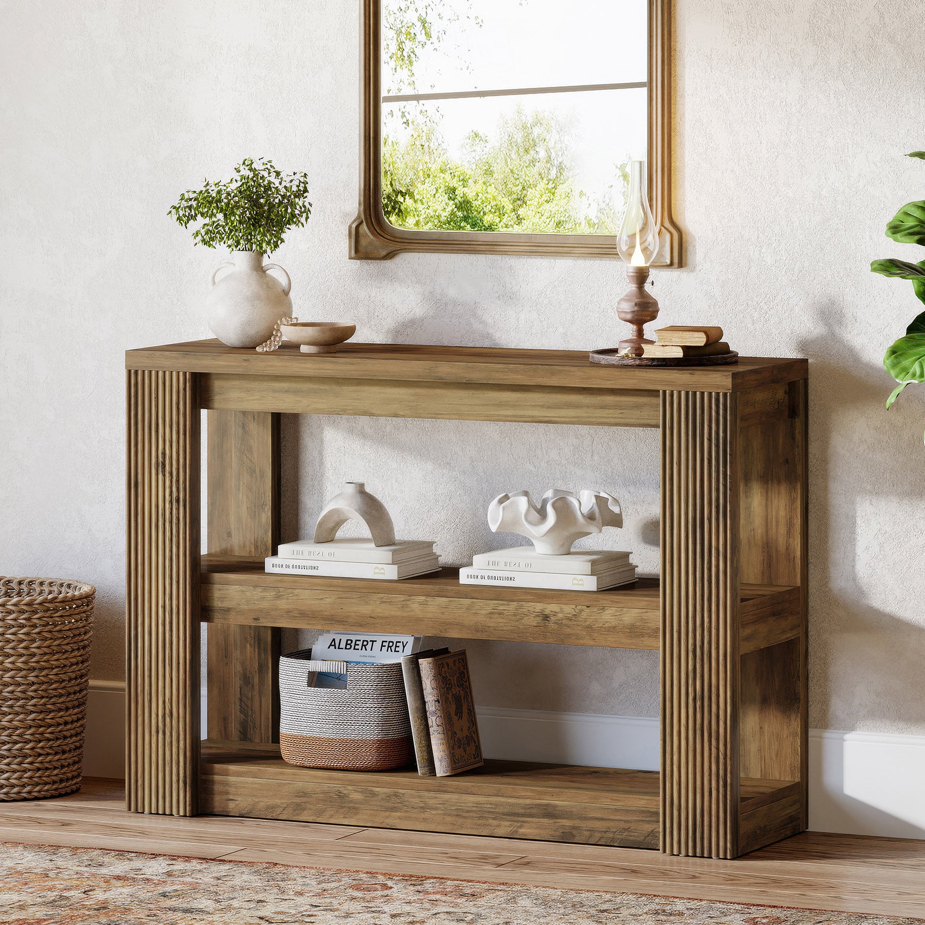 105 cm Landelijke Consoletafel met 3 Planken, Smalle Banktafel