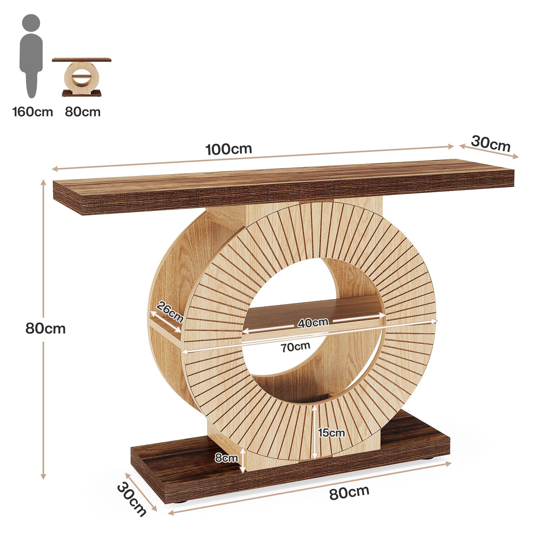 100 cm Houten Console met Opbergplank, Ronde Basis Accenttafel voor Entree en Woonkamer