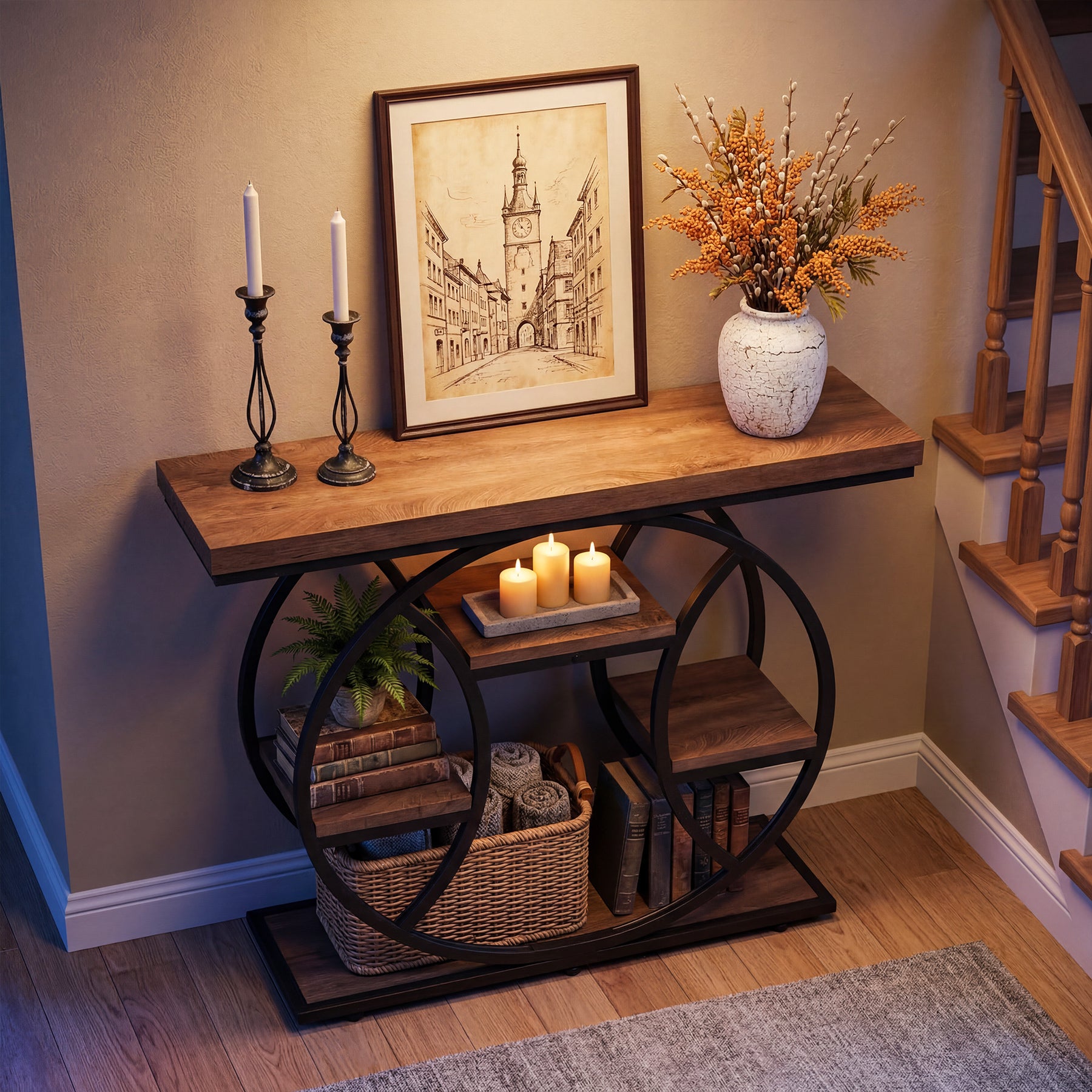 105 cm Tribesigns Consoletafel, 4-Laagse Sidetable met Rond Frame