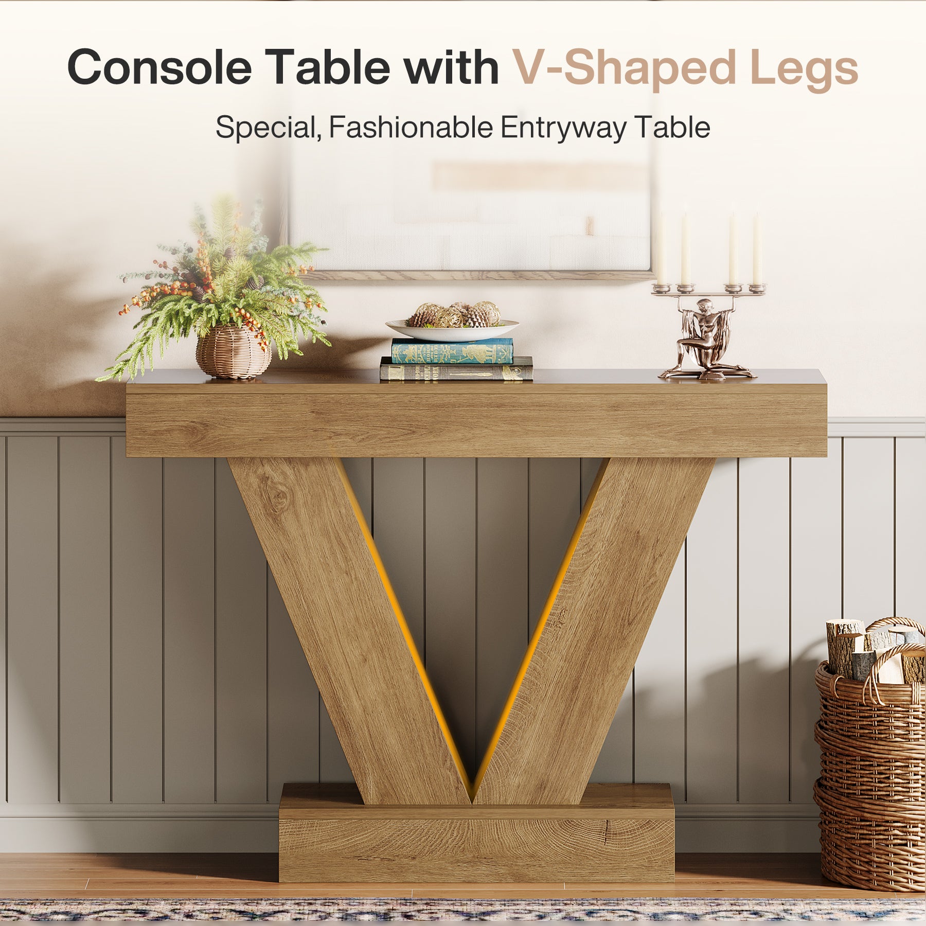 105 cm Consoletafel met V-vormige Poten, Smalle Haltafel voor Woonkamer en Entree in Bruin