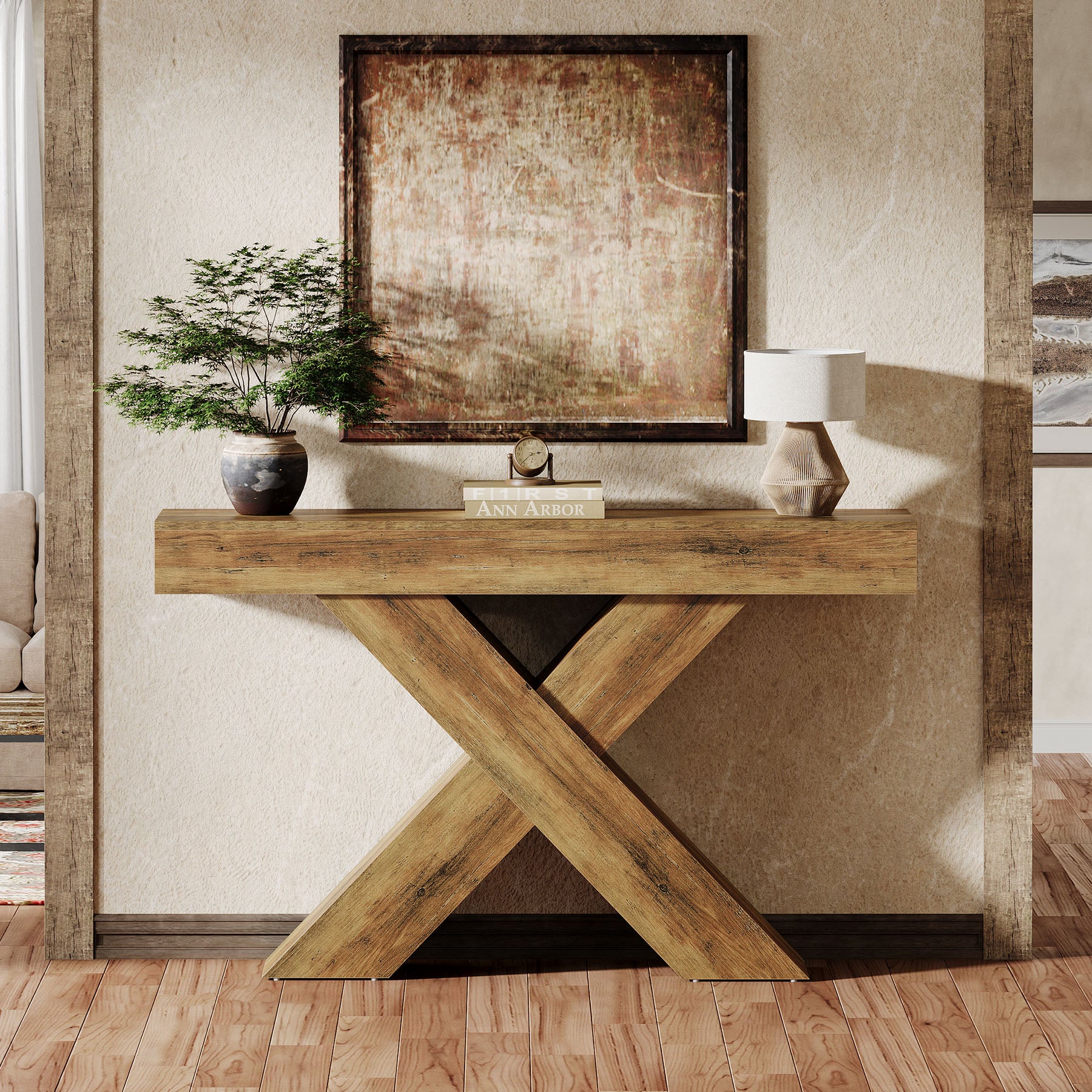 140 cm consoletafel, houten sidetable met uniek ontwerp voor hal of achter bank