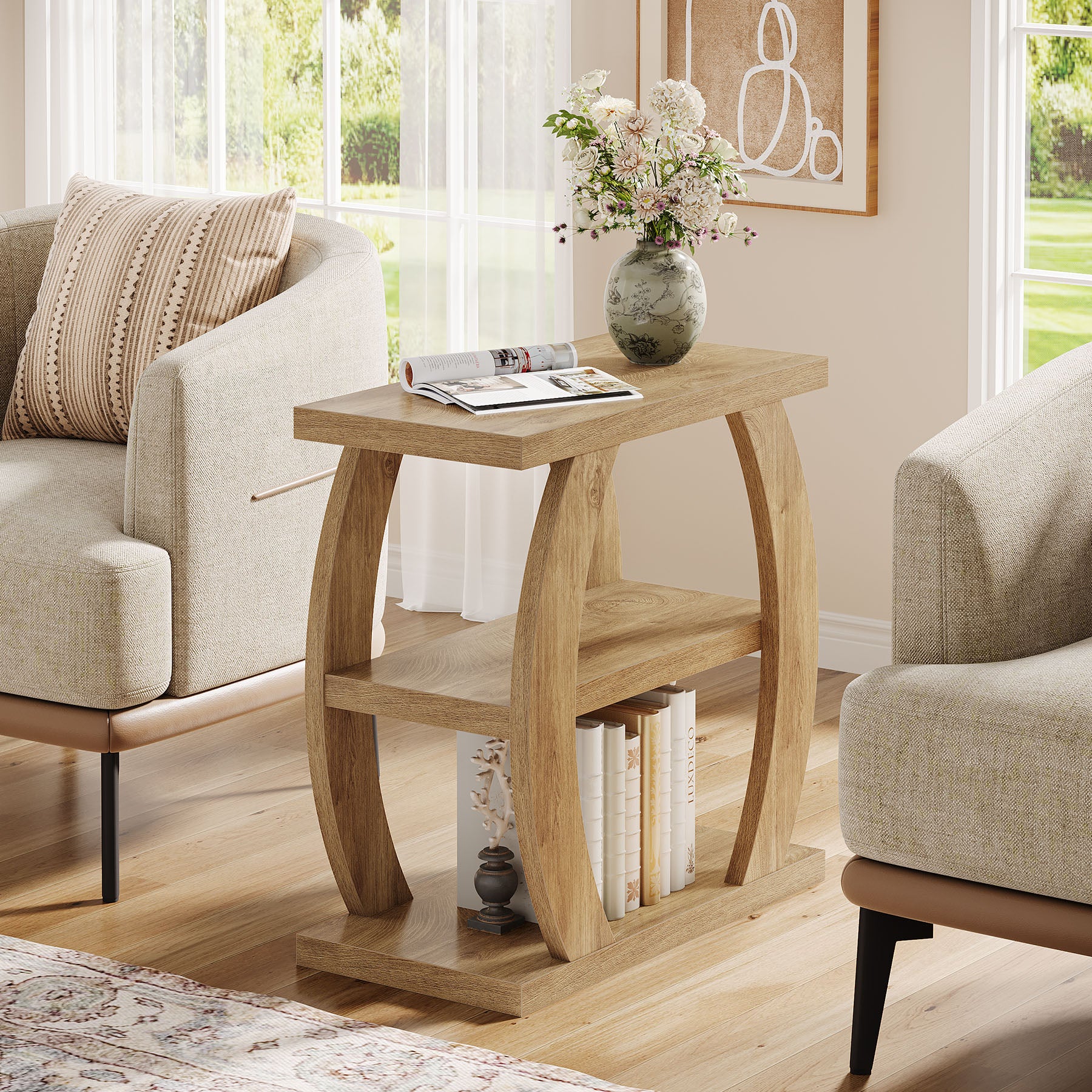 60 cm Hoge Bijzettafel voor Woonkamer, 3-Tier Smalle Tafel met Opbergruimte
