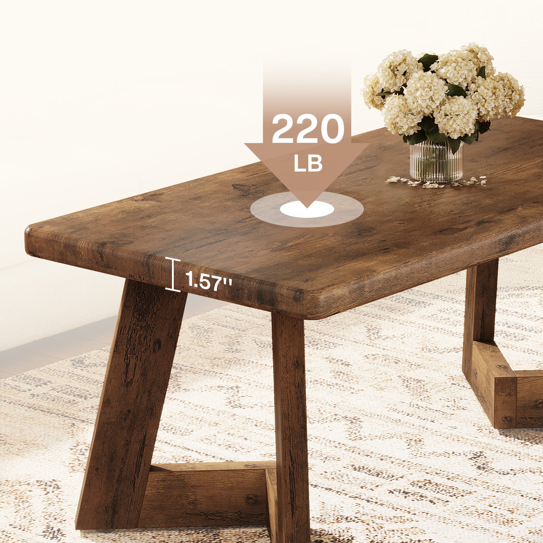 120 x 60 cm Rechthoekige Landelijke Salontafel, Center Tafel met V-vormige Poten voor Woonkamer