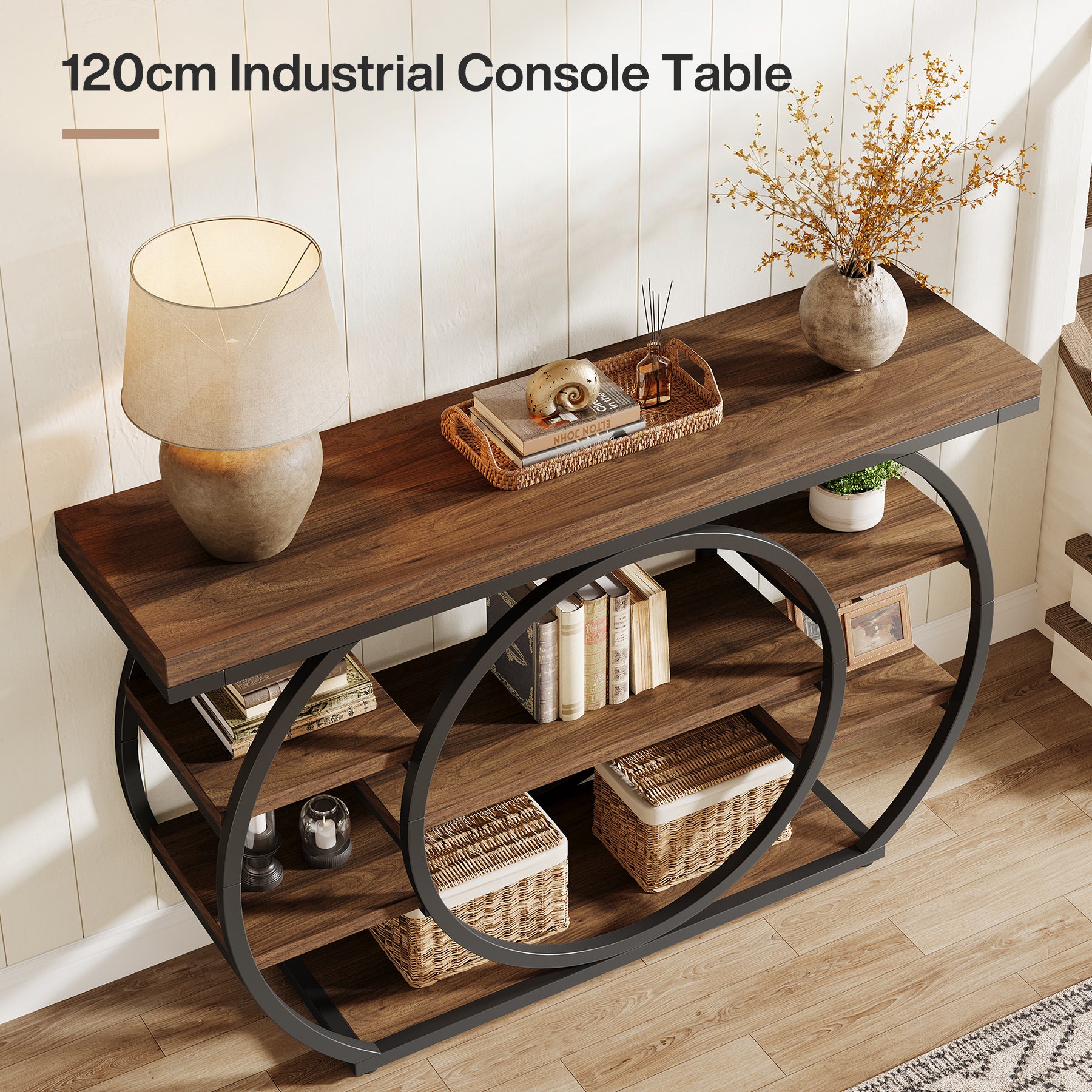 Consoletafel van 120 cm met 5 Lagen in Industrieel Design, Smalle Banktafel voor Woonkamer en Hal in Rustiek Bruin