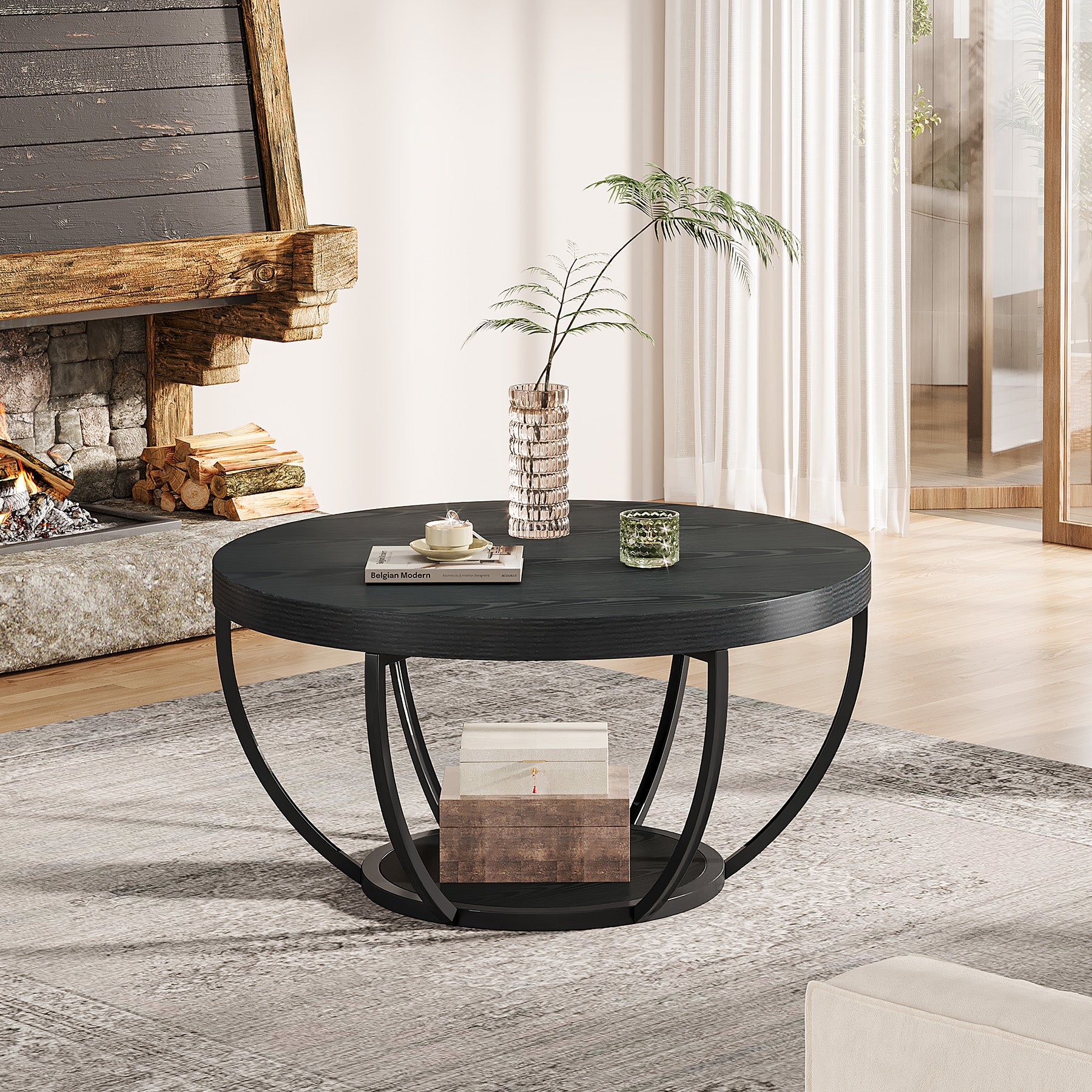 80,5 cm Ronde Industriële Salontafel, Tweelaags Middentafel in Rustiek Bruin en Zwart