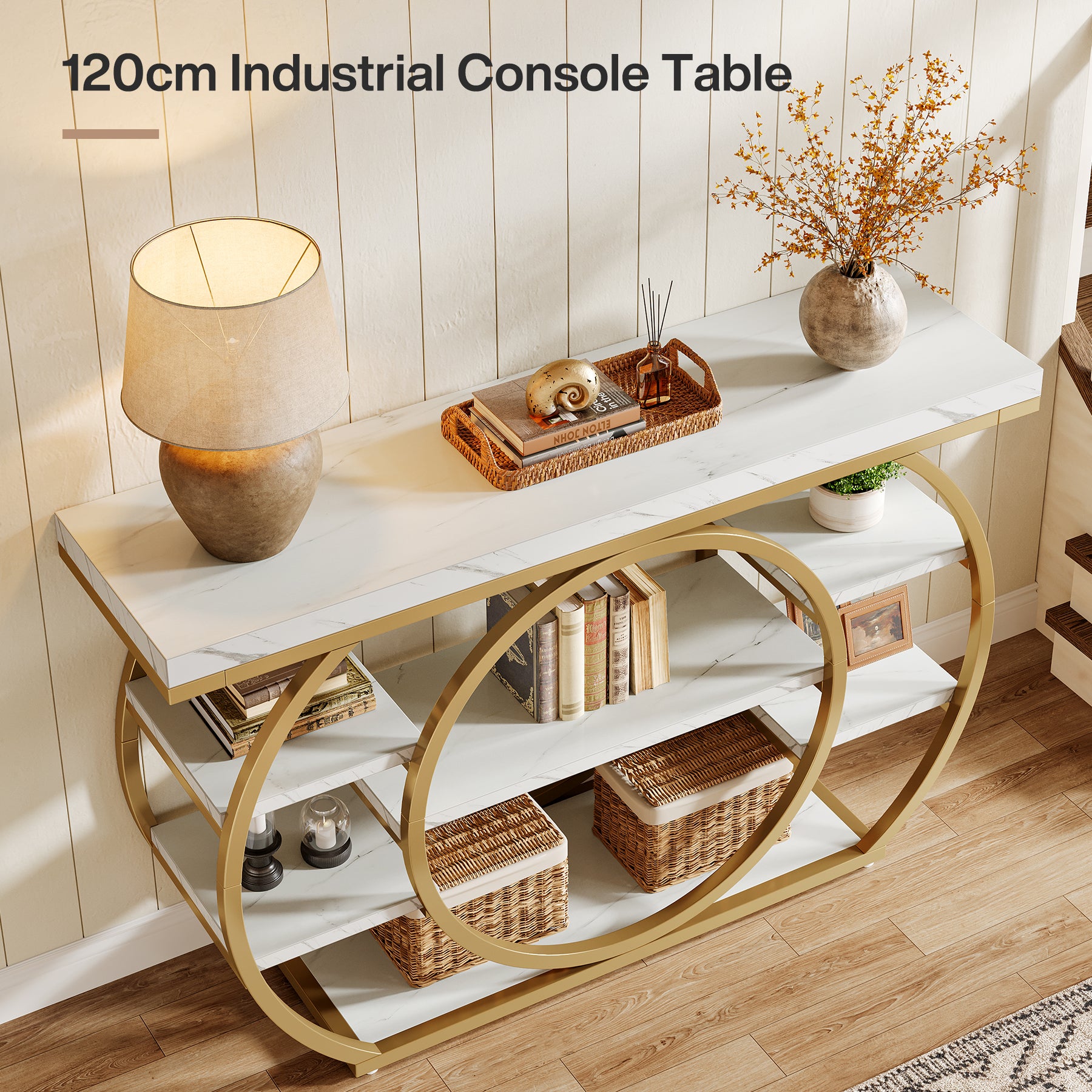Consoletafel van 120 cm met 5 Lagen in Industrieel Design, Smalle Banktafel voor Woonkamer en Hal in Rustiek Bruin