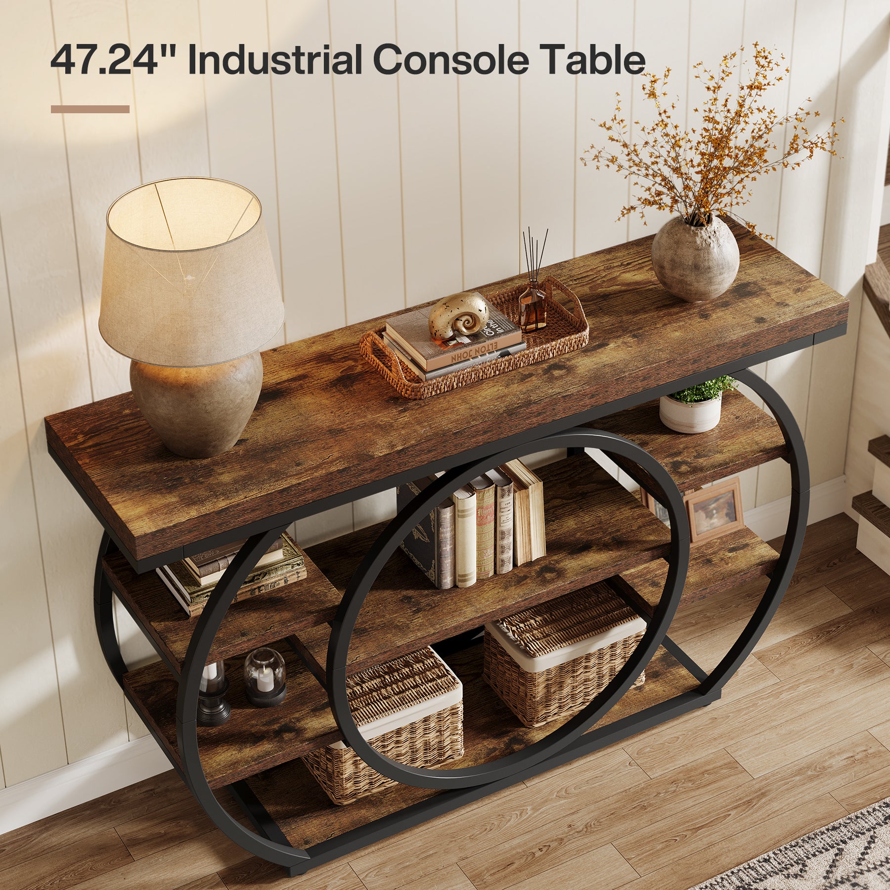 Consoletafel van 120 cm met 5 Lagen in Industrieel Design, Smalle Banktafel voor Woonkamer en Hal in Rustiek Bruin