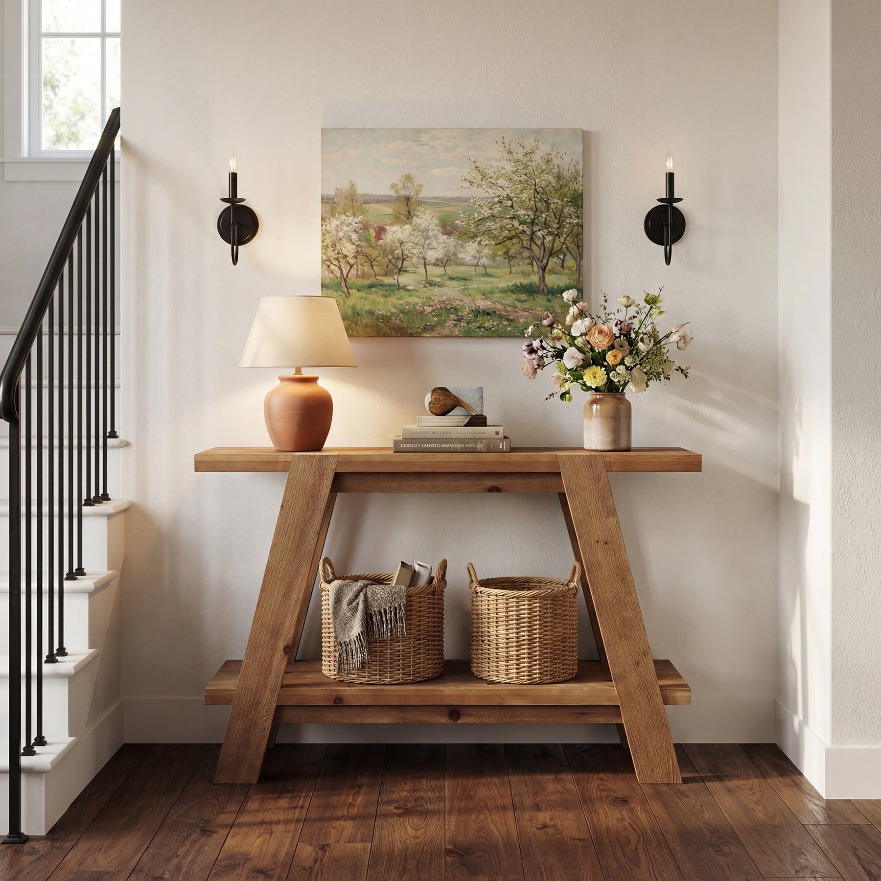 110 cm Massief Houten Consoletafel met 2 Planken, Smalle Haltafel in Landelijke Stijl Bruin