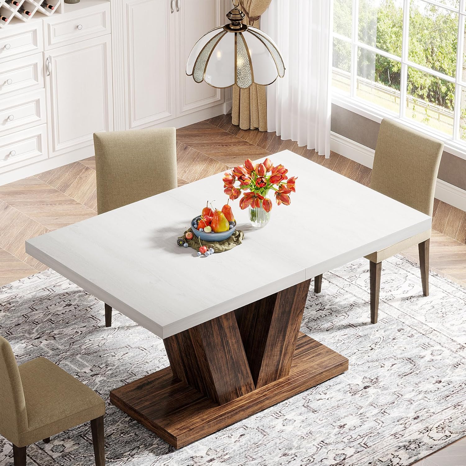 Witte Eettafel voor Vier Personen, 120 cm Landelijke Tafel met Zware Sokkel