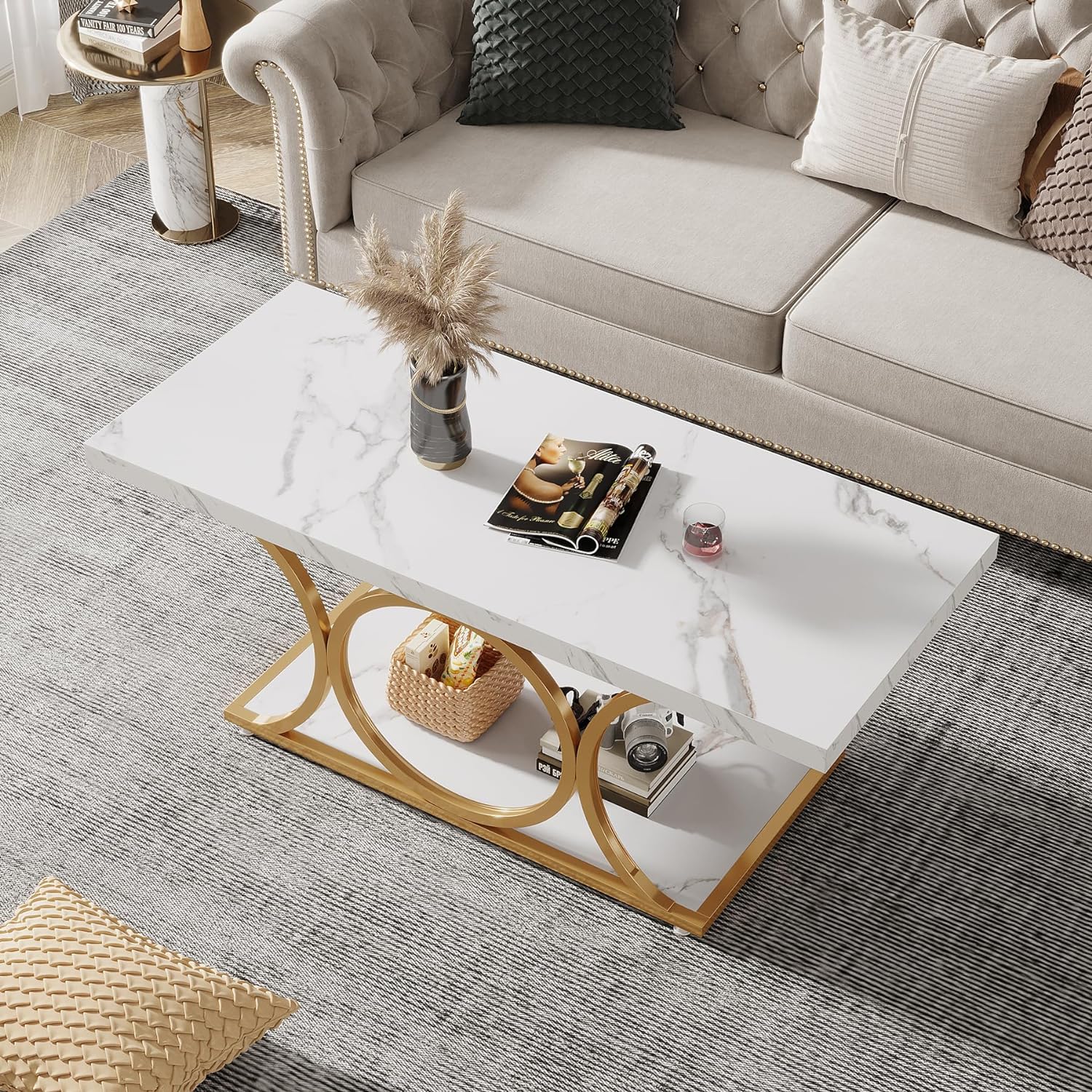 120 cm Moderne Salontafel met Marmer Look, Witte & Gouden Tafels met Opbergplank en Geometrische Poten