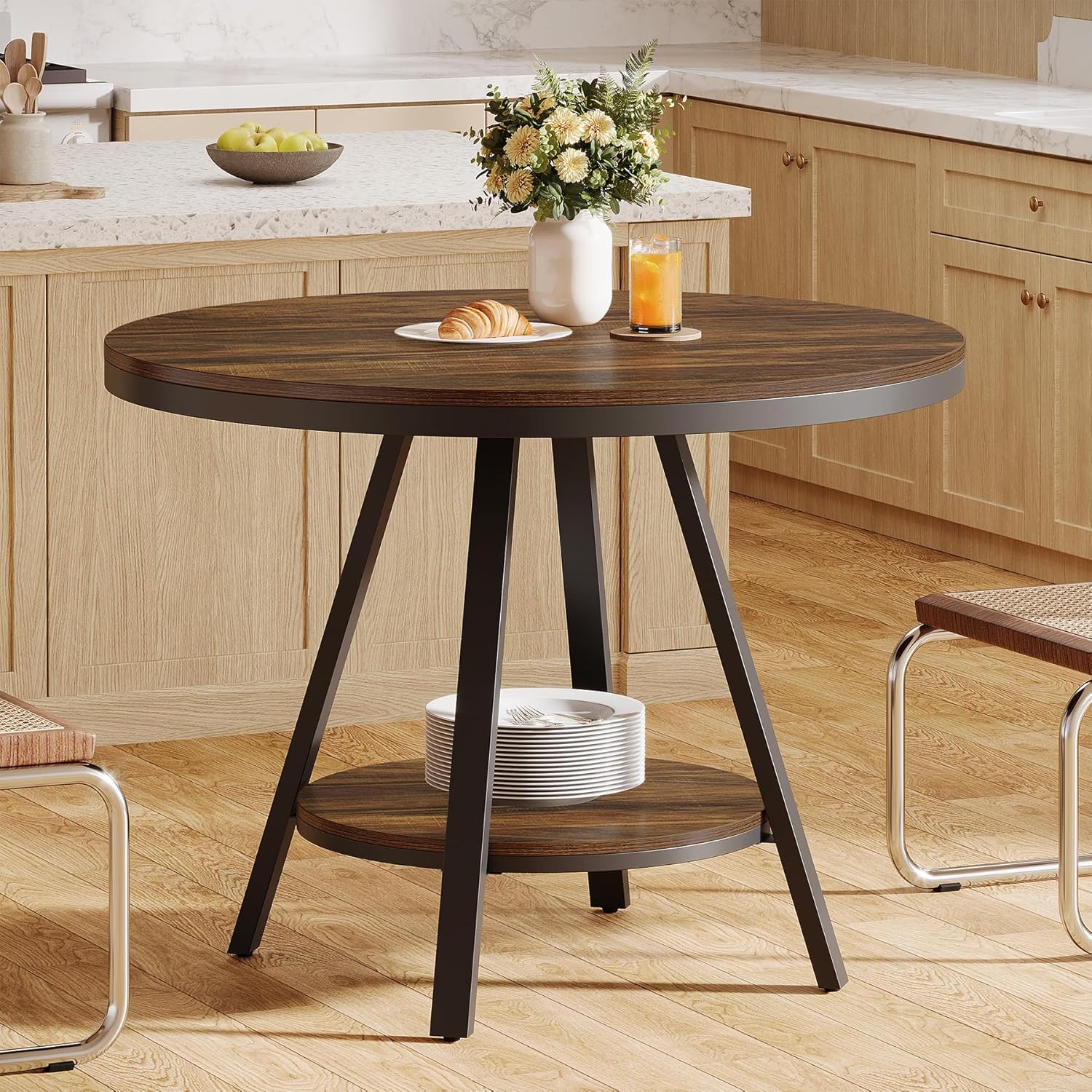 90cm Ronde Eettafel voor 4 Personen, Landhuisstijl met Metalen Poten voor Keuken en Woonkamer in Bruin